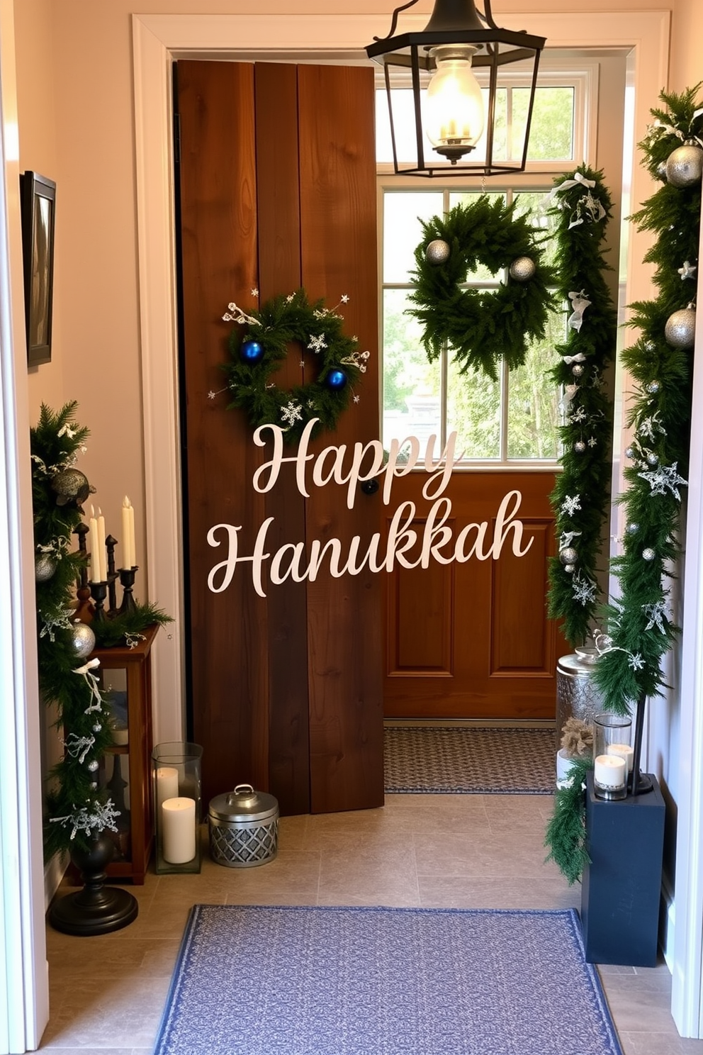 A charming entryway featuring a wooden sign with a Happy Hanukkah greeting. The sign is adorned with delicate blue and silver accents, creating a festive atmosphere. Surrounding the sign, there are decorative elements such as a menorah and festive garlands. Soft lighting enhances the warm and inviting feel of the space, perfect for welcoming guests during the holiday season.