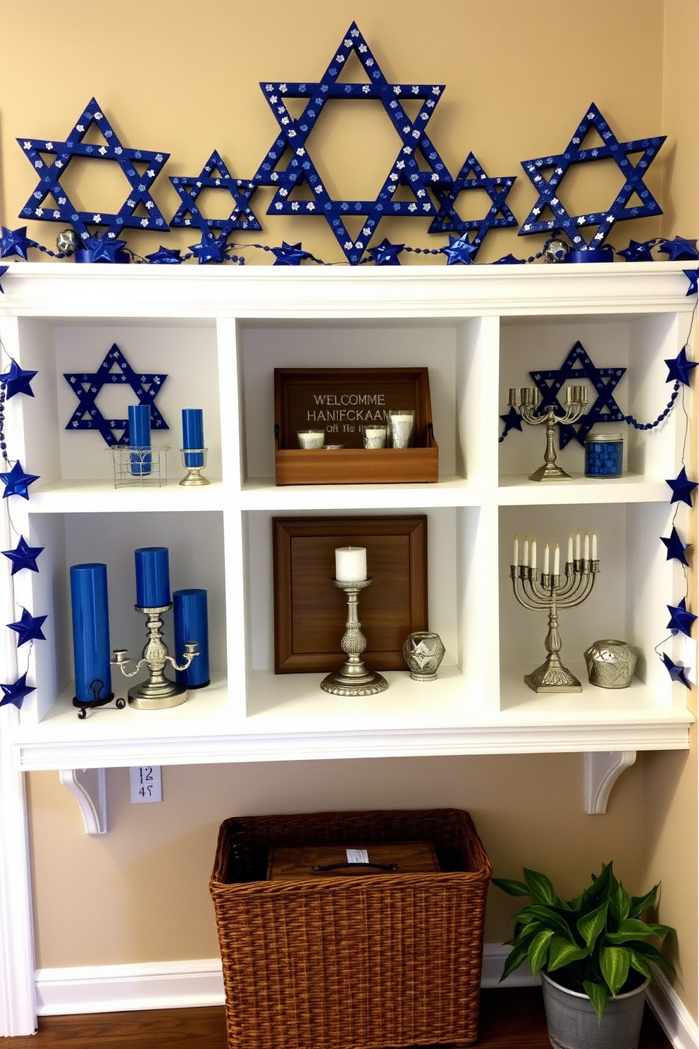 A welcoming entryway adorned with Star of David accents on the shelves creates a festive atmosphere. The shelves are filled with decorative items, including blue and silver candles, and traditional Hanukkah menorahs, adding a touch of elegance and celebration.