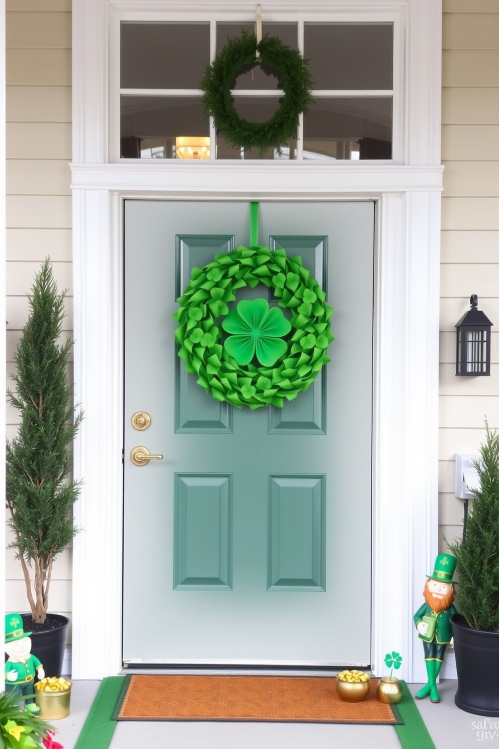 A charming entryway adorned for St. Patrick's Day features a vibrant green shamrock wreath hanging on the door. The space is enhanced with festive decorations, including small pots of gold and playful leprechaun figurines placed strategically around the entryway.