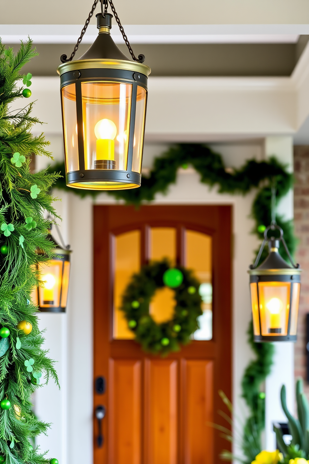 Hanging lanterns with green accents create a warm and inviting atmosphere in the entryway. The soft glow of the lanterns complements the vibrant green decorations, enhancing the festive spirit of St. Patrick's Day.