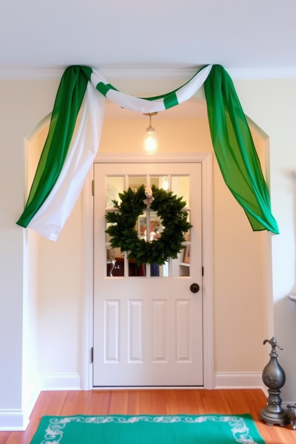 A charming entryway adorned with Irish flag bunting draped gracefully across the top. The walls are painted a soft cream, and the floor features a warm wooden finish, creating a welcoming atmosphere for St. Patrick's Day celebrations.