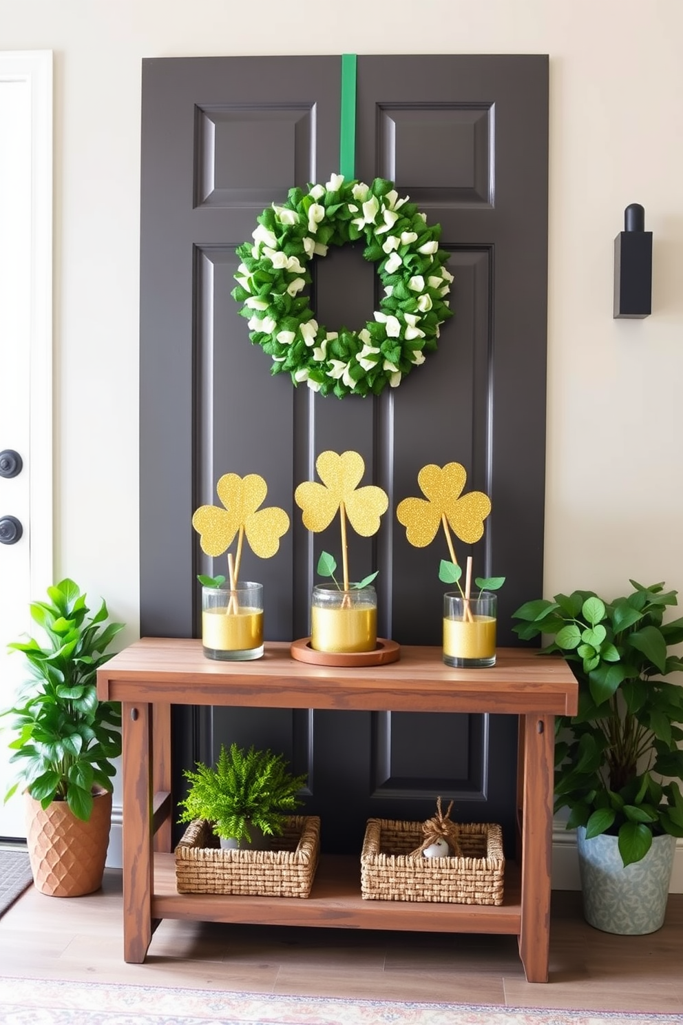 A festive entryway adorned for St. Patrick's Day features gold glittered shamrock centerpieces placed on a rustic wooden console table. The table is flanked by a pair of potted green plants, and a cheerful green and white wreath hangs on the door.