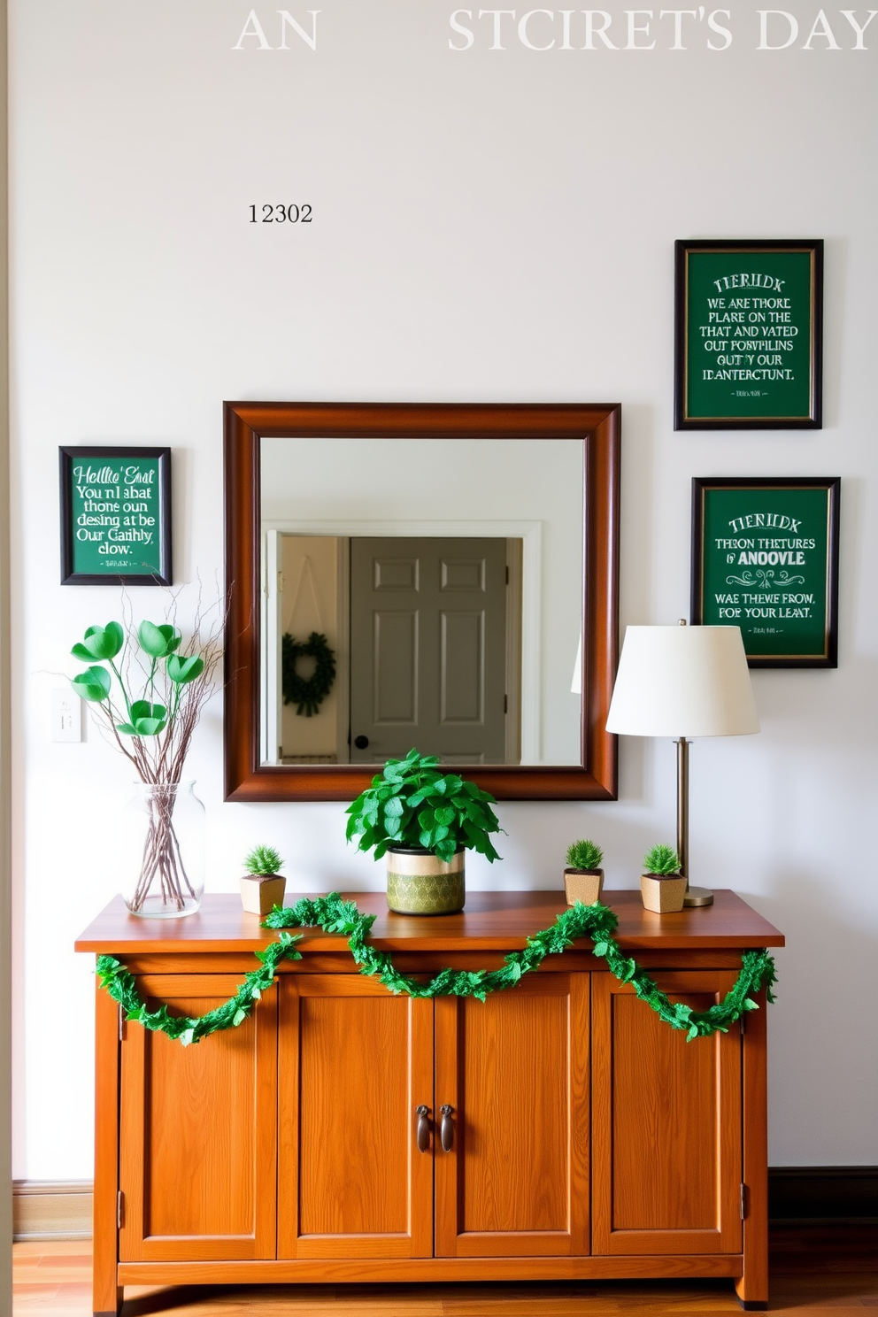 A charming entryway adorned with decorative Irish quotes framed elegantly on the walls. The space features a warm wooden console table beneath a large mirror, with subtle St. Patrick's Day decorations like green garlands and small potted shamrocks placed strategically around.