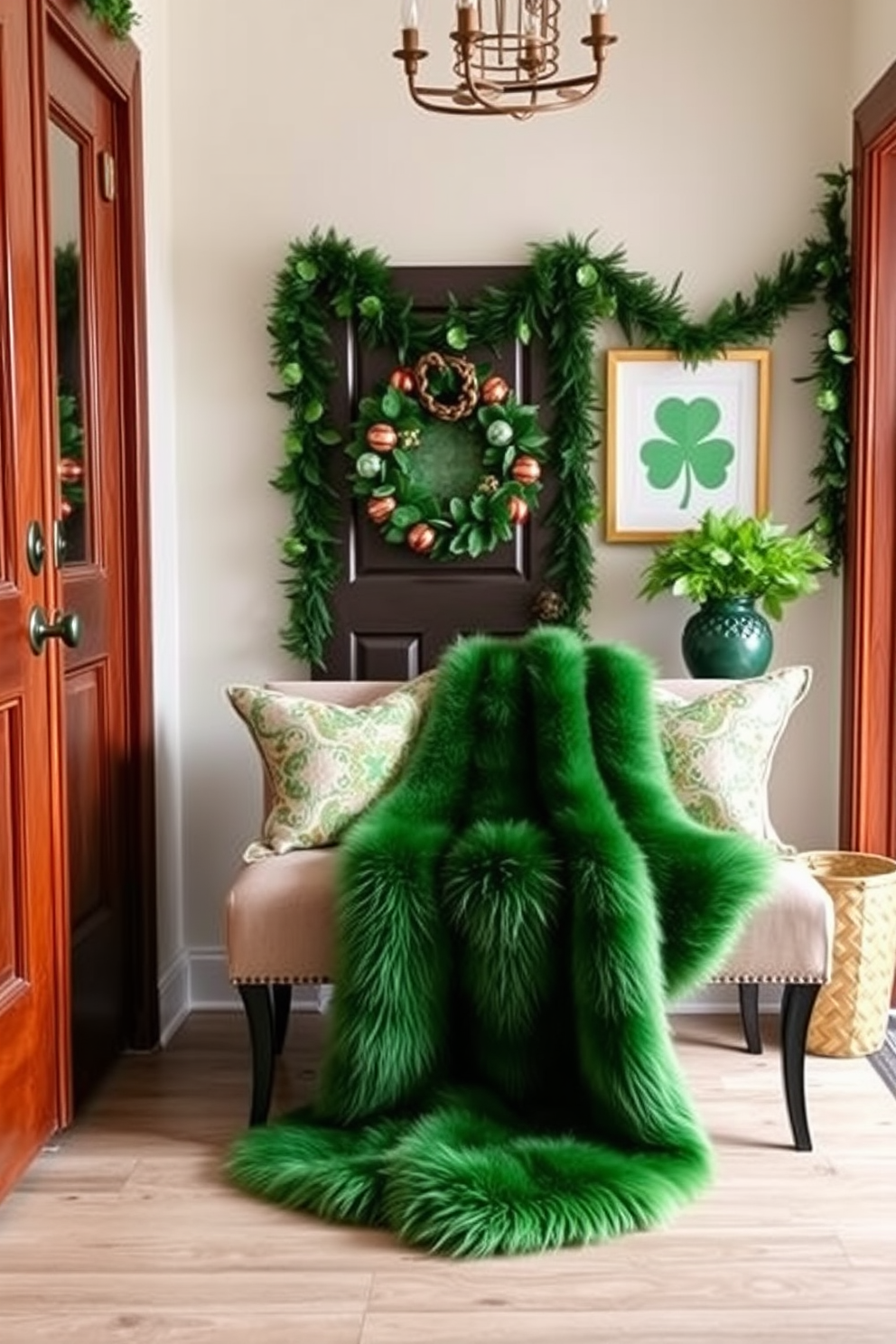 A welcoming entryway adorned for St. Patrick's Day features a faux fur throw in rich green tones draped elegantly over a stylish bench. The walls are decorated with festive garlands and shamrock-themed artwork, creating a cheerful atmosphere.