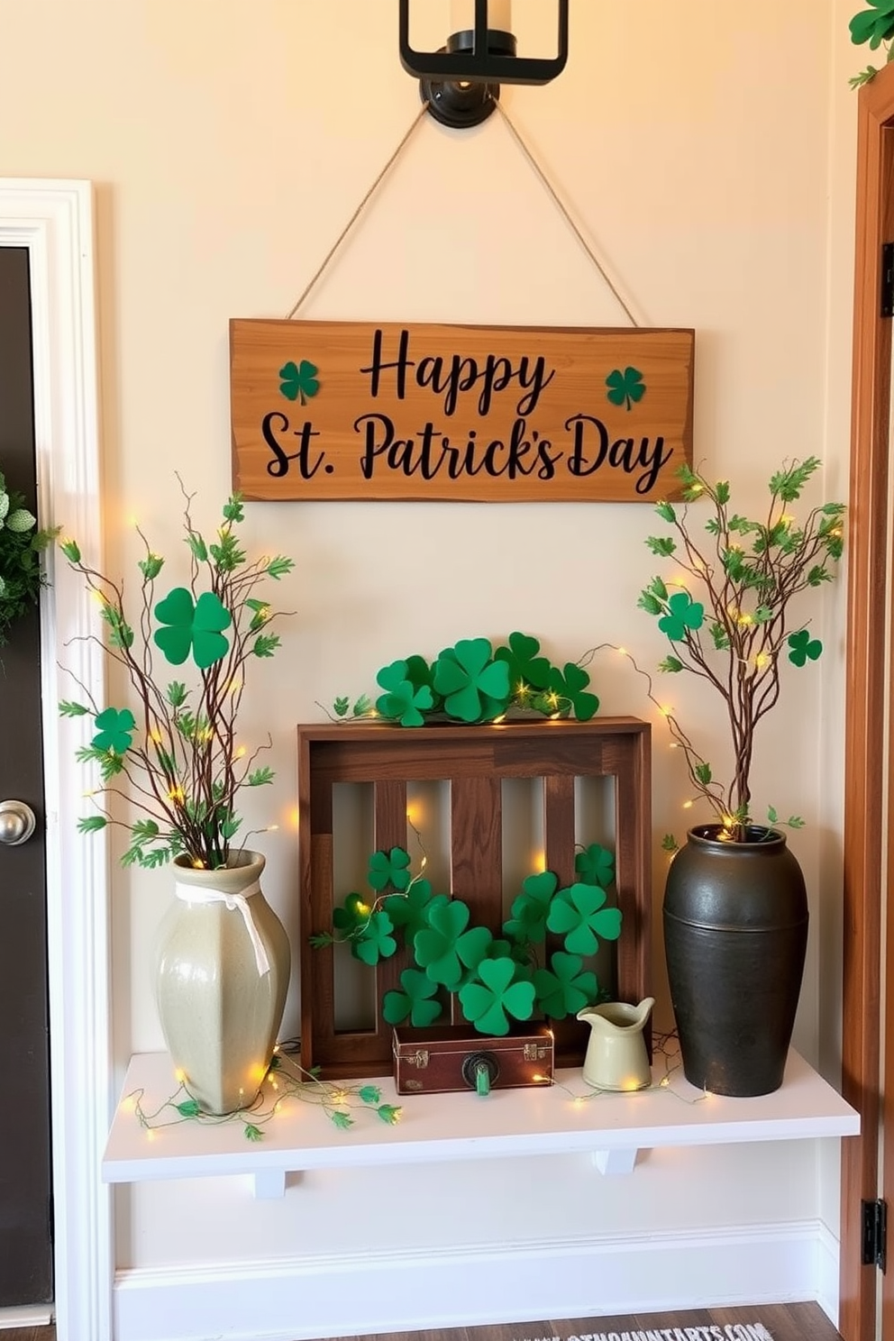 A charming entryway decorated for St. Patrick's Day features a wooden sign that reads Happy St. Patrick's Day prominently displayed on the wall. Surrounding the sign are festive green and gold decorations, including shamrocks and twinkling fairy lights that create a warm and inviting atmosphere.