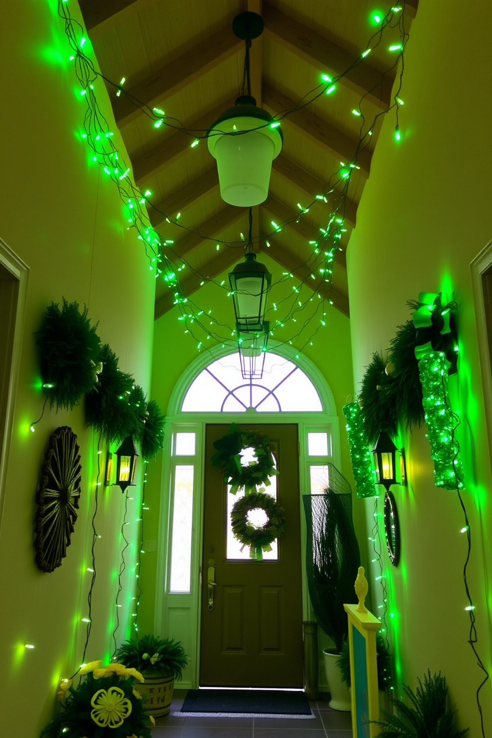 A charming entryway adorned with green fairy lights that are gracefully draped along the walls and ceiling. Festive decorations inspired by St. Patrick's Day, including shamrocks and gold accents, create a welcoming atmosphere.