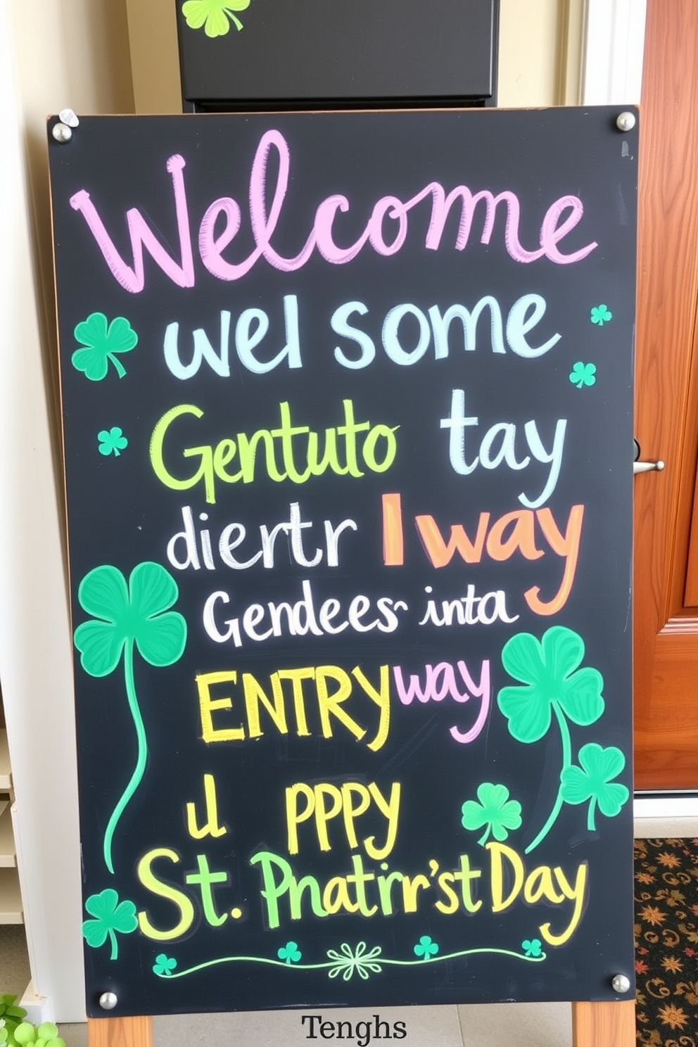 Chalkboard sign with festive messages welcoming guests into the entryway. The sign features hand-painted shamrocks and colorful lettering celebrating St. Patrick's Day.