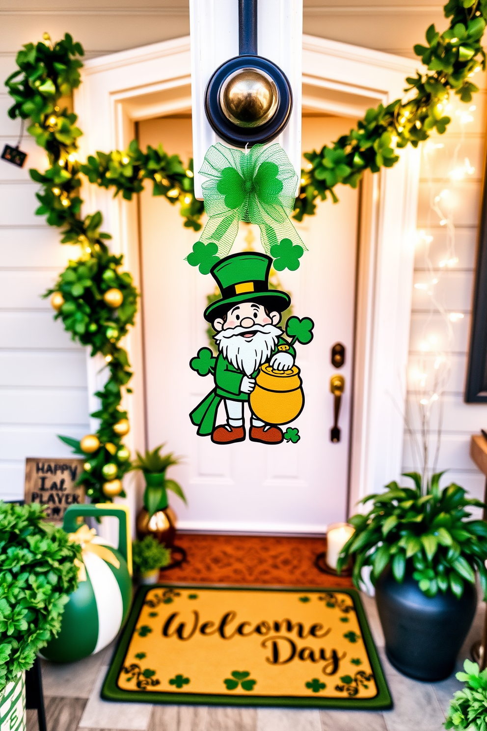 A festive St. Patrick's Day themed doorknob hanger is adorned with vibrant green shamrocks and cheerful gold accents. The design features a playful leprechaun holding a pot of gold, inviting guests to celebrate the holiday spirit. The entryway is decorated with a mix of green and gold elements, including a welcome mat that reads Happy St. Patrick's Day. Hanging garlands of shamrocks and twinkling fairy lights create a warm and inviting atmosphere for guests as they enter.