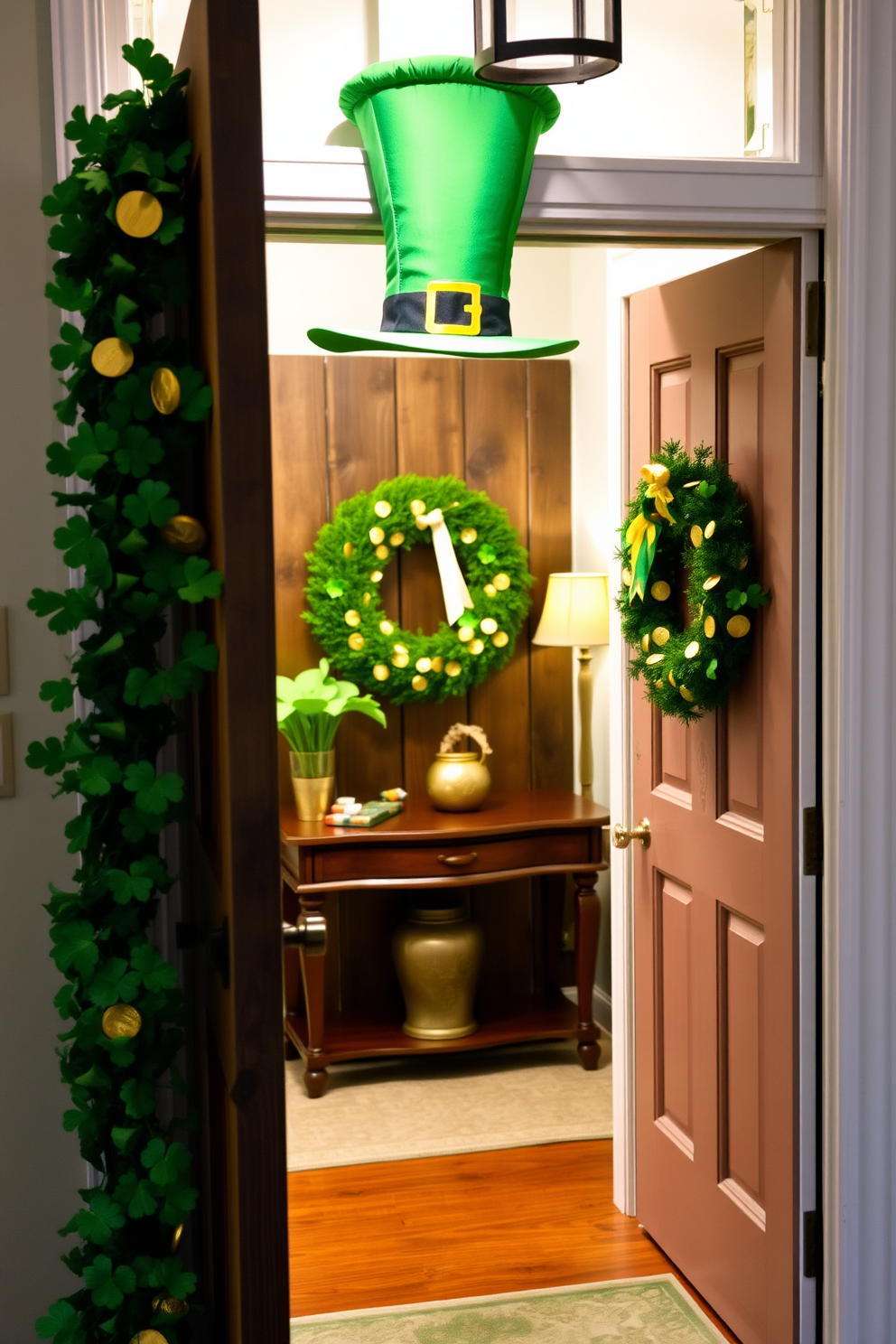 A whimsical entryway adorned with a leprechaun hat door decor. The vibrant green hat is perched atop a rustic wooden door, surrounded by a garland of shamrocks and golden coins. Inside, the entryway features a charming console table with a small pot of gold and a festive St. Patrick's Day wreath. Soft lighting illuminates the space, creating a warm and inviting atmosphere perfect for celebrating the holiday.