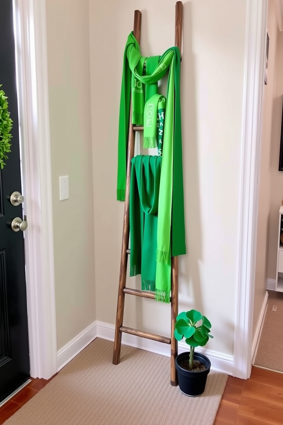 A decorative ladder leans against the wall in the entryway, adorned with an array of vibrant green scarves that evoke the spirit of St. Patrick's Day. The floor is covered with a soft, neutral rug, and a small potted shamrock plant sits at the base of the ladder, adding a touch of freshness to the space.