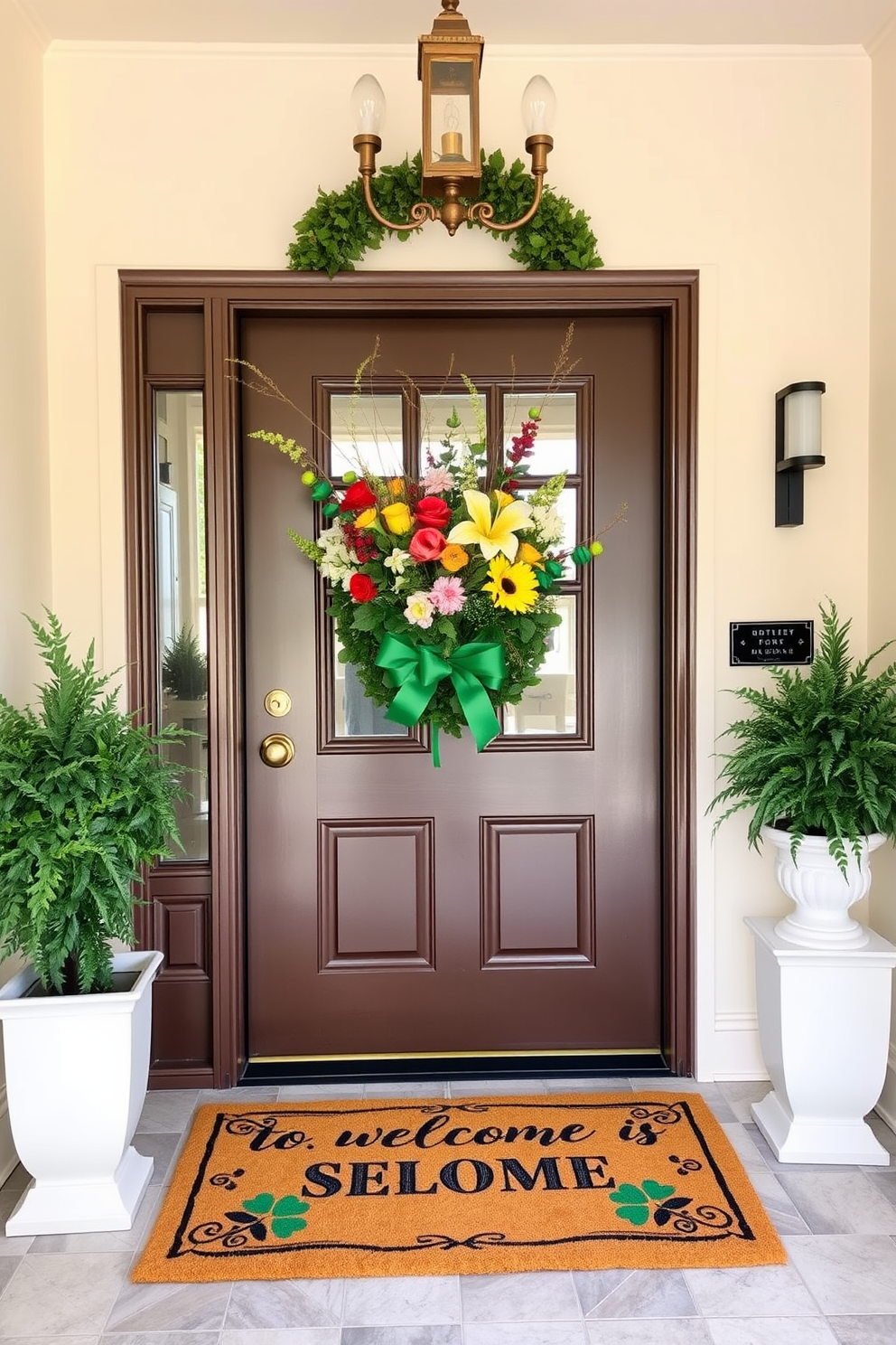 A stunning entryway adorned for St. Patricks Day features a gold and green vase filled with vibrant flowers. The walls are painted a soft cream color, and a welcoming doormat with festive designs greets guests at the door.