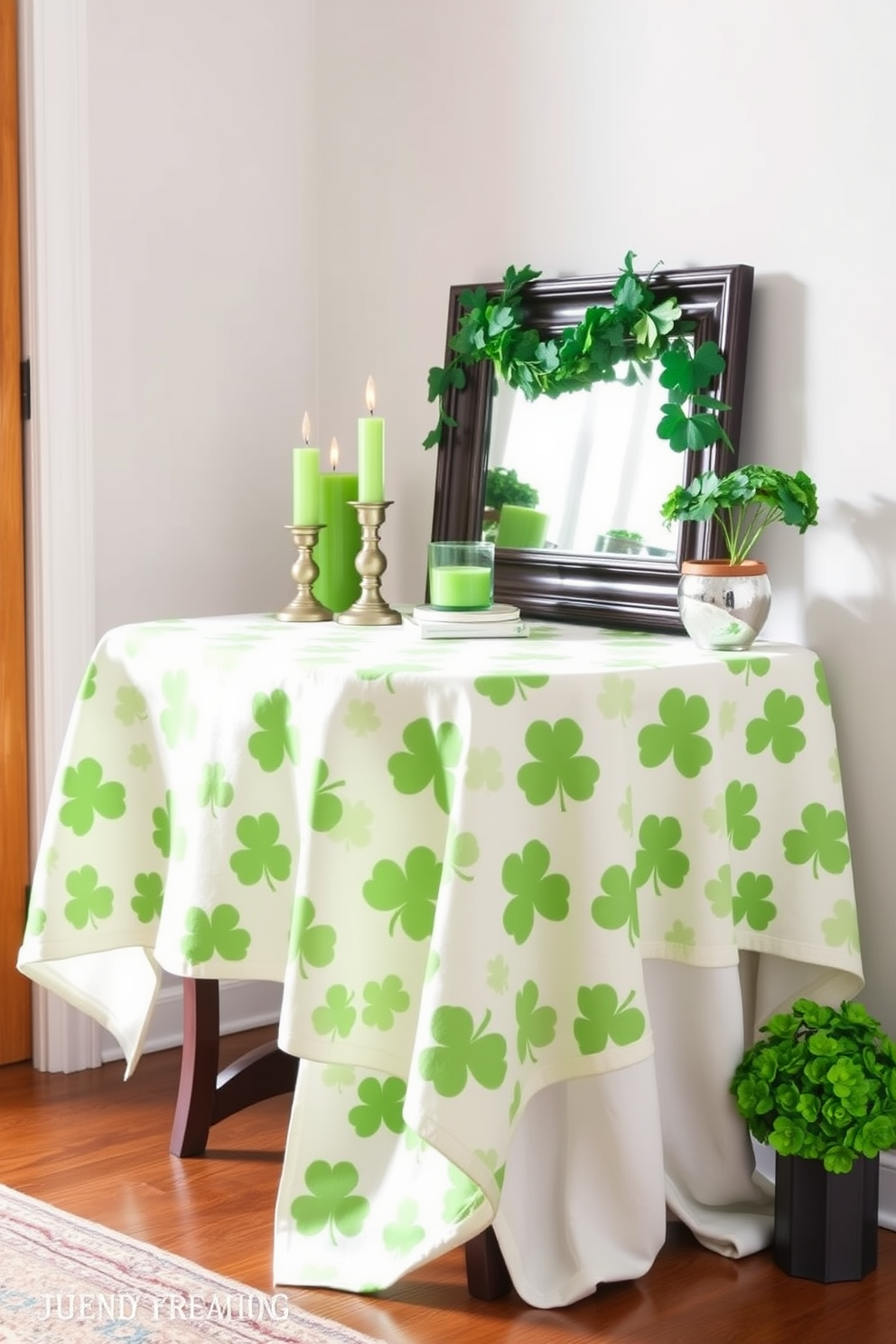 Shamrock patterned tablecloth draped elegantly over a side table creating a festive atmosphere. Surrounding the table are decorative elements such as green candles and small potted shamrocks for a charming St. Patrick's Day entryway.