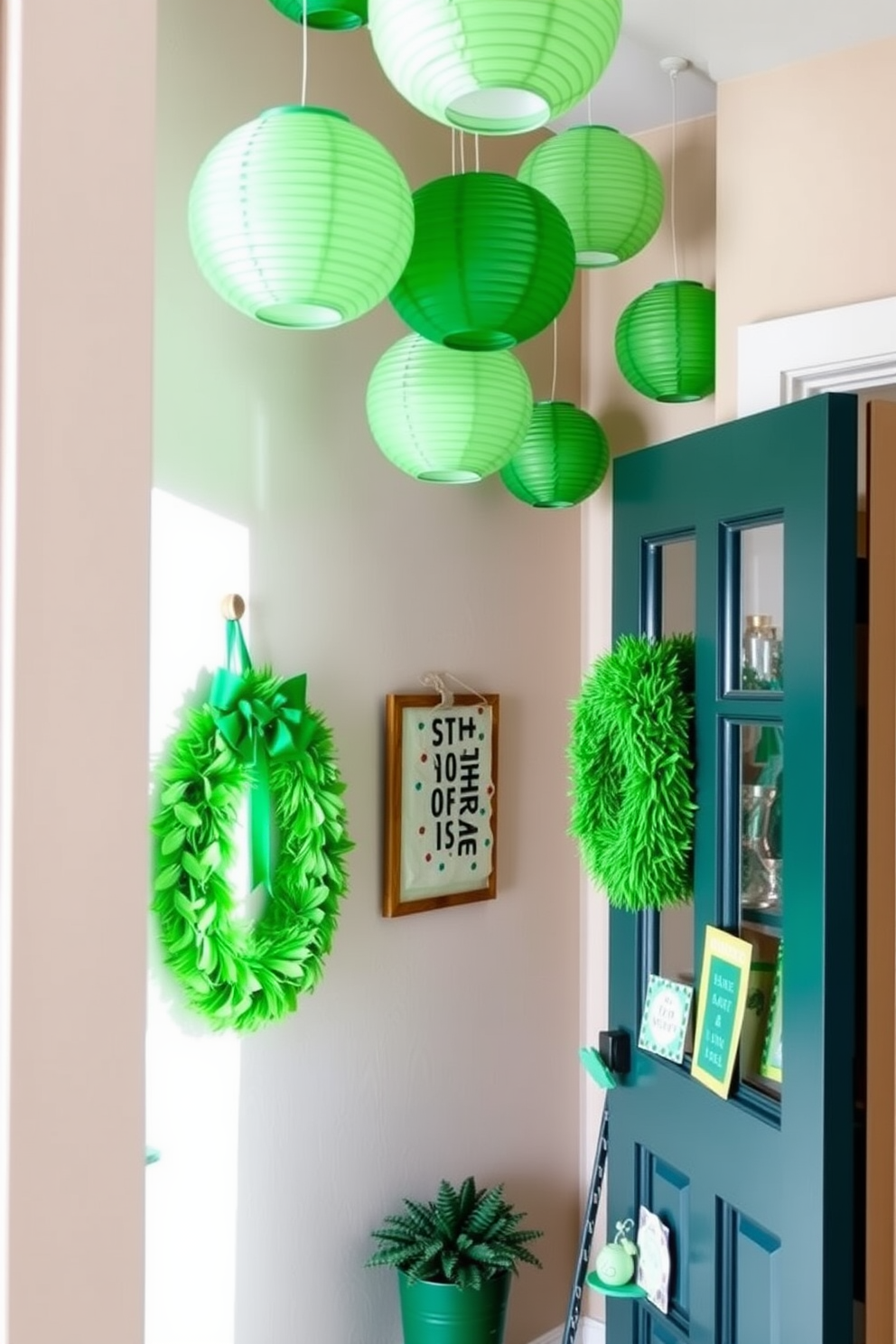 Create a charming entryway adorned with hanging green paper lanterns from the ceiling. The space features a welcoming atmosphere with festive St. Patrick's Day decorations, including a vibrant green wreath on the door and a small table displaying themed decor.