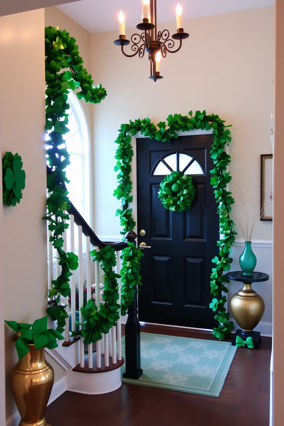 A vibrant entryway adorned with festive garlands made of shamrocks creates a welcoming atmosphere for St. Patrick's Day. The garlands are draped elegantly along the staircase railing and above the door, complemented by green and gold accents throughout the space.