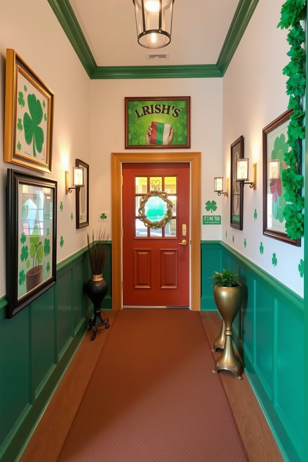 A charming entryway adorned with Irish-themed artwork that captures the spirit of St. Patrick's Day. The walls are decorated with vibrant green and gold accents, creating a festive atmosphere for guests.