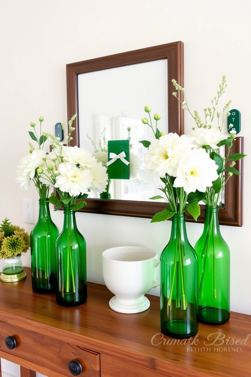 Create an inviting entryway decorated for St. Patrick's Day. Use green glass bottles as vases filled with fresh white flowers, placed on a rustic wooden console table.