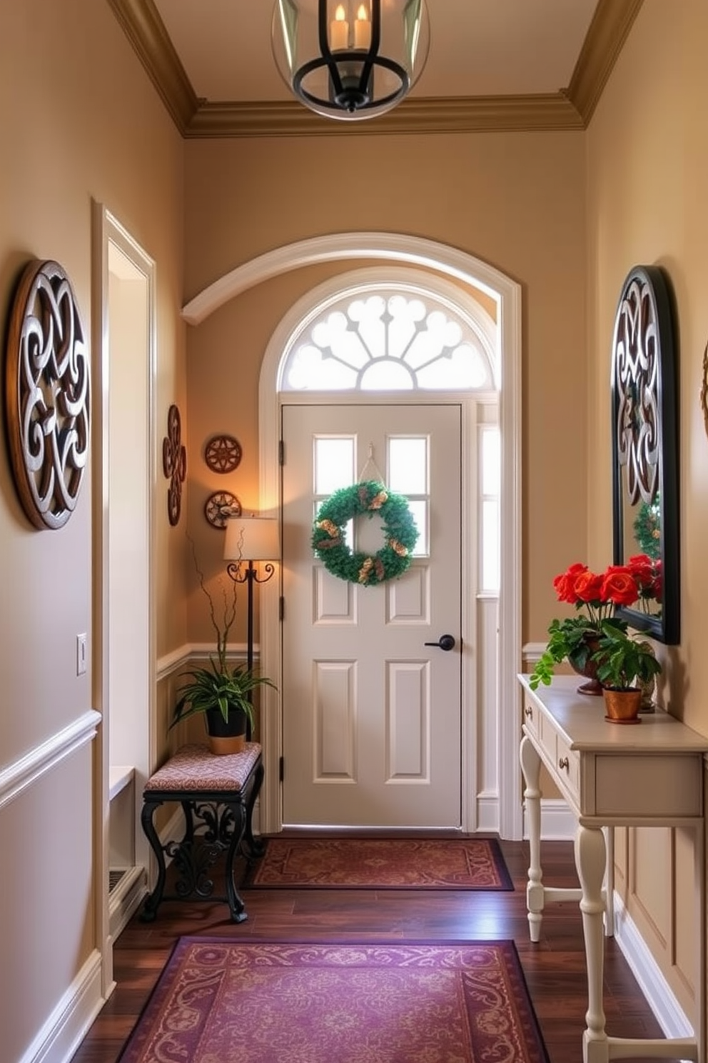 A charming entryway adorned with intricate Celtic knot decorations on the walls. The warm hues of the decor create a welcoming atmosphere, perfect for St. Patrick's Day celebrations.