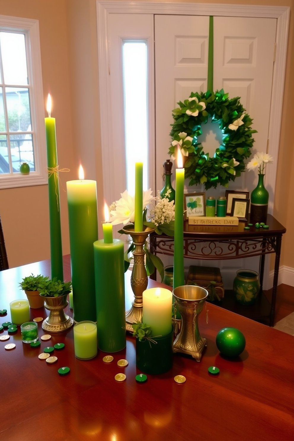 A beautifully arranged table features an assortment of St. Patrick's Day themed candles in varying heights and shades of green. The candles are adorned with gold accents and surrounded by small pots of shamrocks and scattered gold coins for added charm. The entryway is warmly decorated with a festive St. Patrick's Day wreath made of green foliage and white flowers. A small console table displays a collection of green and gold decorative items, creating an inviting atmosphere for guests.