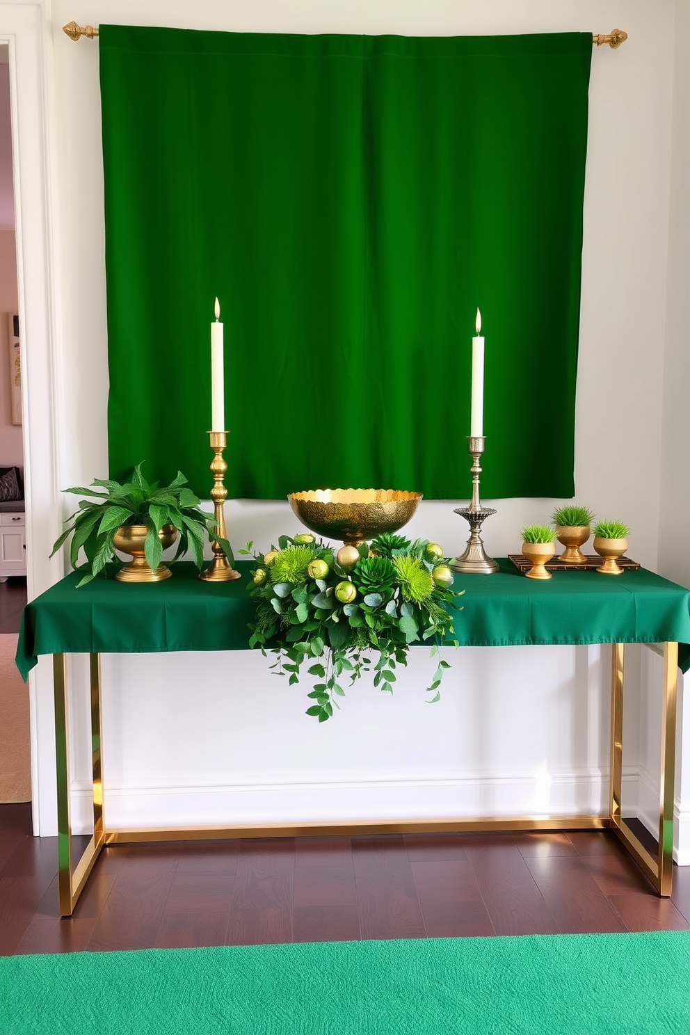 A lush green tablecloth drapes over a sleek console table in the entryway. Gold accents, including a decorative bowl and candlesticks, enhance the festive atmosphere for St. Patrick's Day. Fresh green foliage and small potted plants are artfully arranged alongside golden decorative elements. A charming centerpiece featuring a mix of green and gold items sets the tone for welcoming guests.