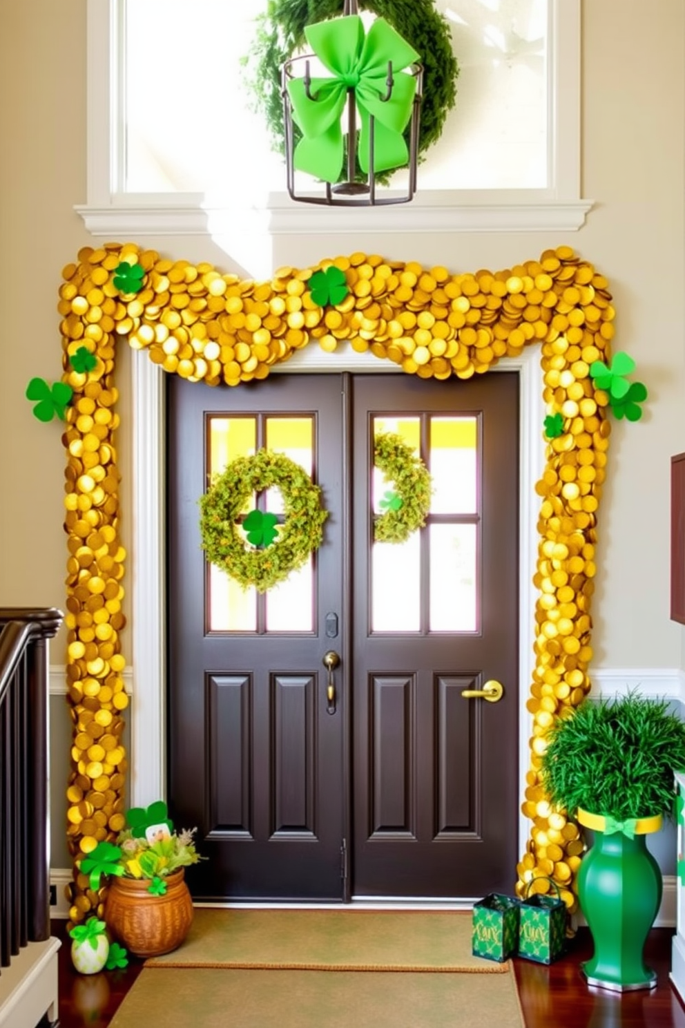 A festive entryway adorned with a gold coin garland draped elegantly above the doorframe. The space is enhanced with vibrant green accents and cheerful St. Patrick's Day decorations, creating a warm and inviting atmosphere.