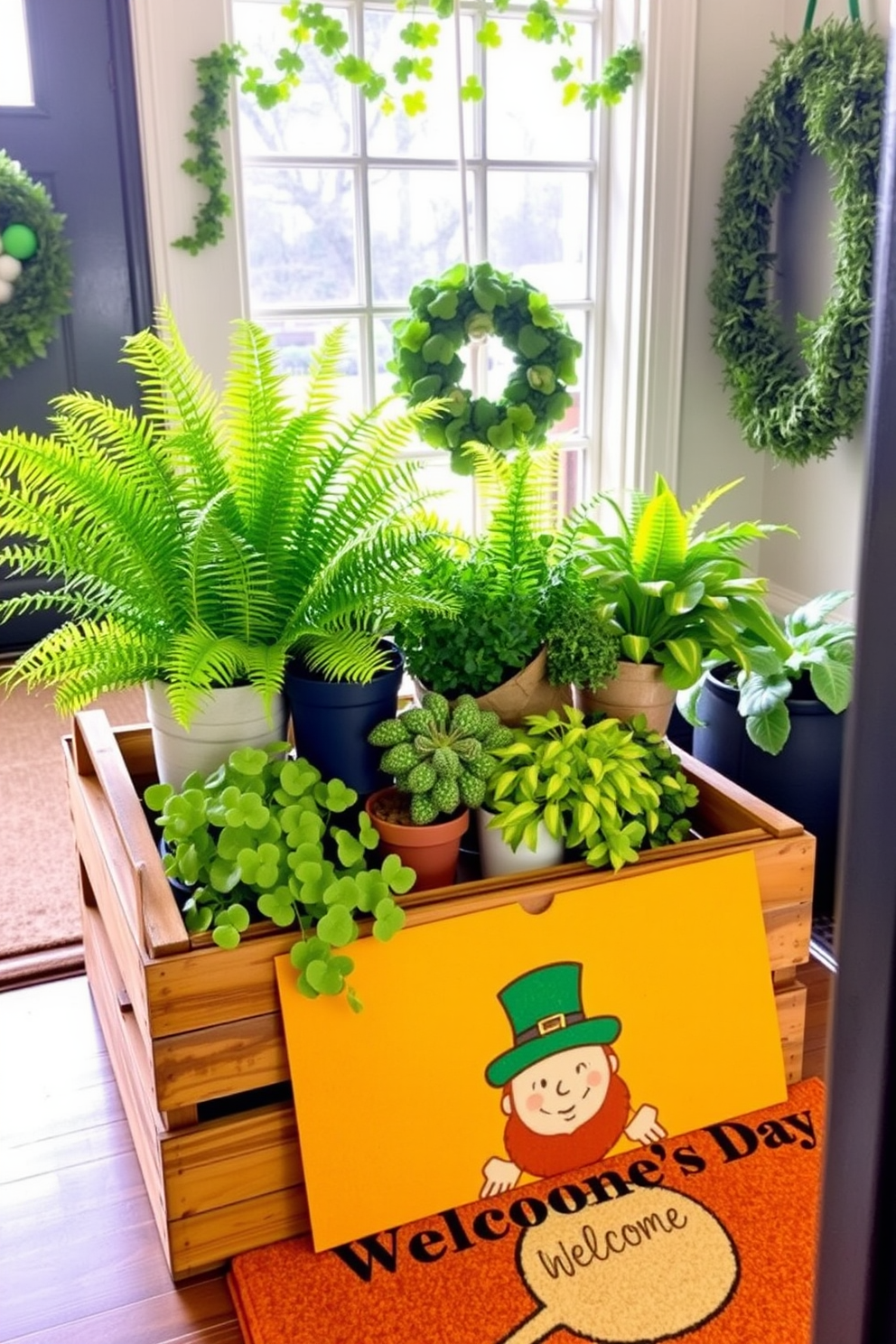 A rustic wooden crate is filled with an assortment of lush green decor, including ferns and potted plants. The crate is positioned in a bright entryway, welcoming guests with a fresh and vibrant ambiance. For St. Patrick's Day, the entryway is adorned with festive touches like shamrock garlands and green accents. A cheerful welcome mat featuring a playful leprechaun design complements the seasonal decor, creating a warm and inviting atmosphere.