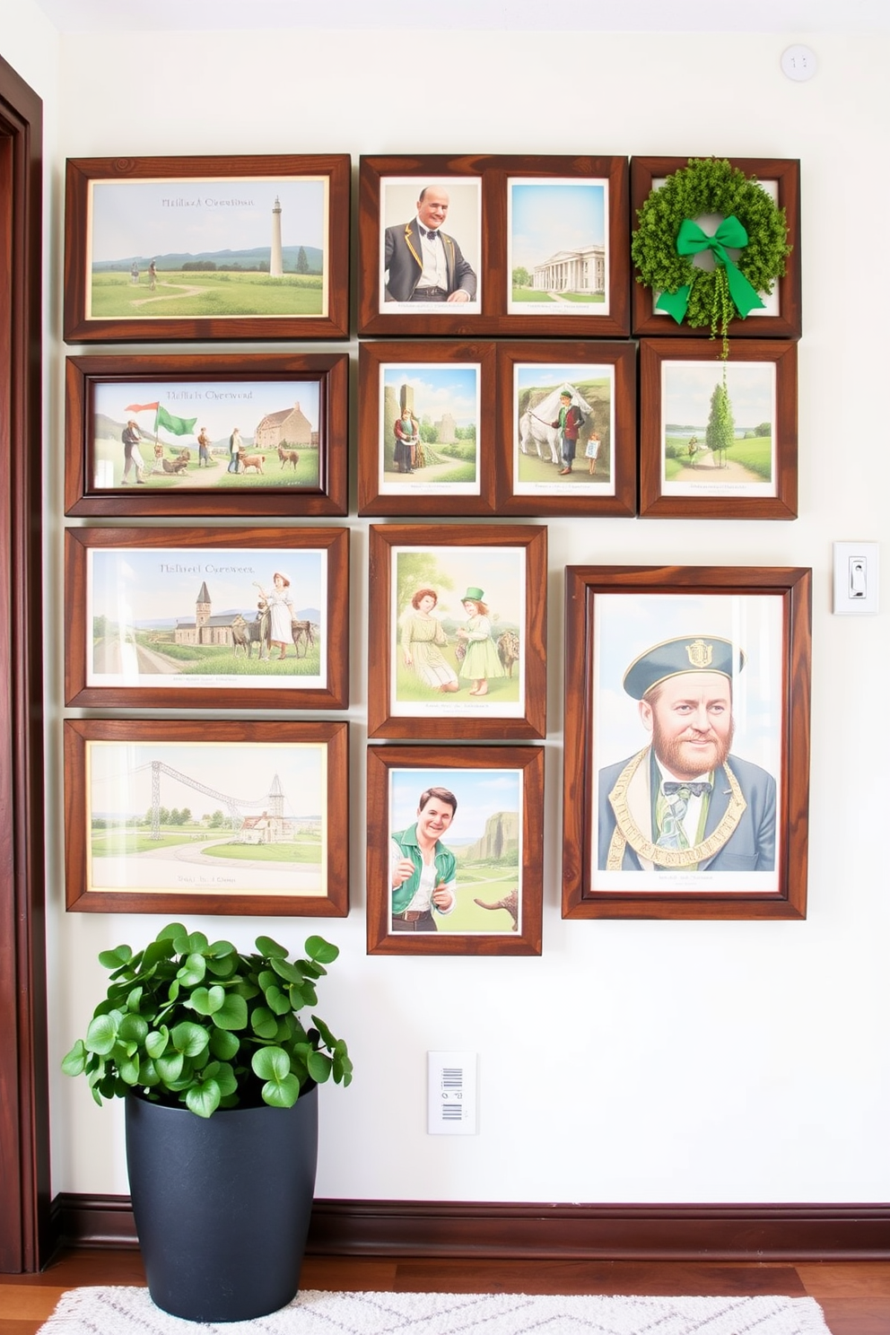 A charming entryway featuring a collection of vintage Irish postcards artfully displayed on the wall. The postcards are framed in rustic wooden frames, creating a warm and inviting atmosphere for St. Patrick's Day celebrations.