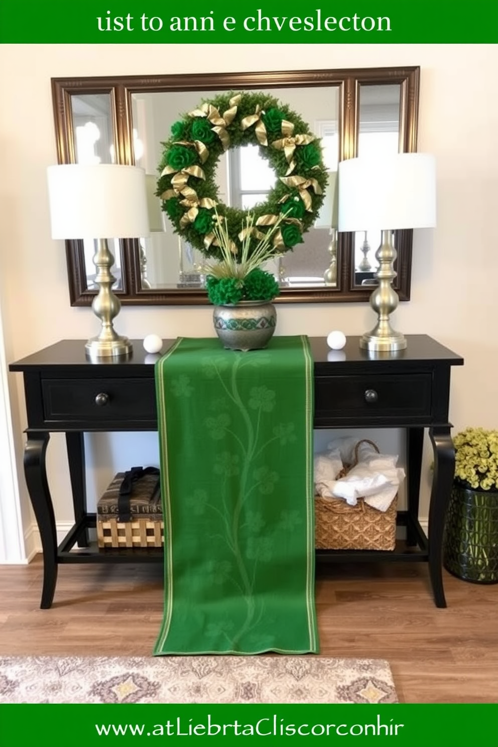 A festive green runner adorns the console table in the entryway. It is accented with small gold and white decorative elements to celebrate St. Patrick's Day.