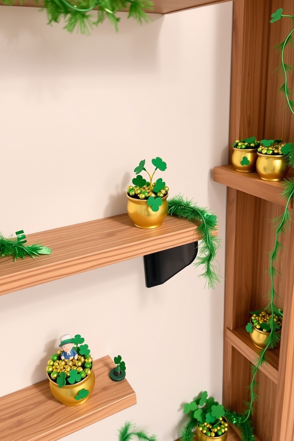 Miniature pots of gold are arranged on wooden shelves, creating a festive display for St. Patrick's Day. Each pot is filled with shamrocks and surrounded by small decorative items like leprechaun figurines and green garlands.