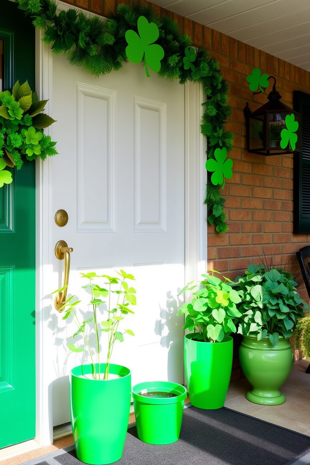 Bright green potted plants are placed by the door, creating a welcoming atmosphere. The entryway is adorned with festive St. Patrick's Day decorations, featuring shamrocks and green accents.