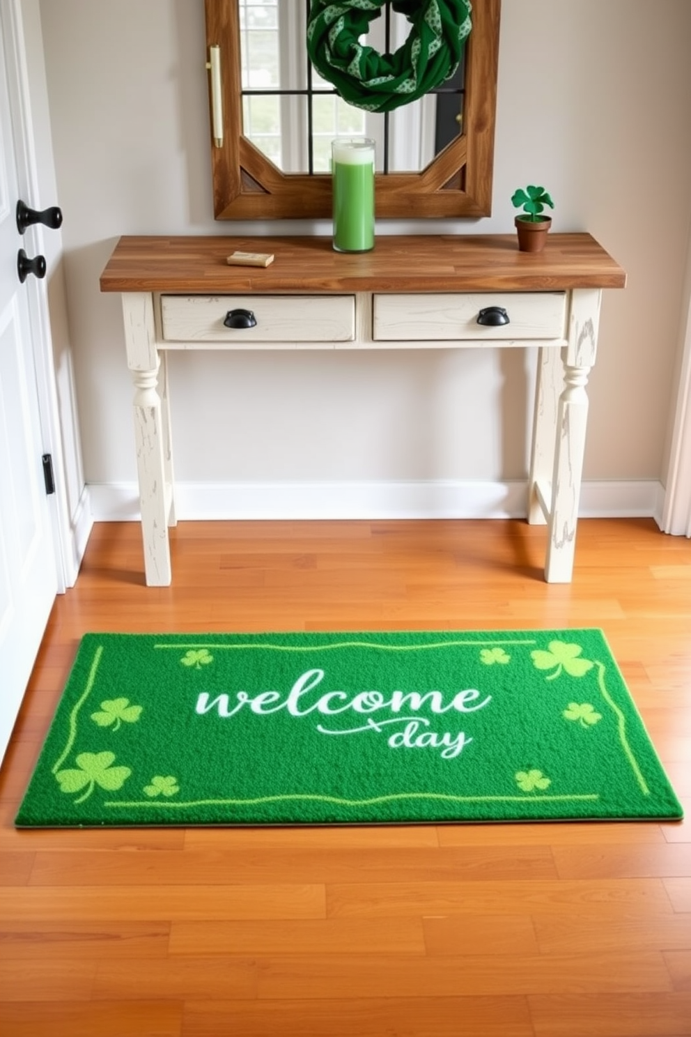 A charming entryway featuring a St. Patrick's Day themed welcome mat that showcases vibrant green hues and playful shamrock designs. The mat is placed on a polished wooden floor, complemented by a rustic console table adorned with festive decorations like green candles and small potted clovers.