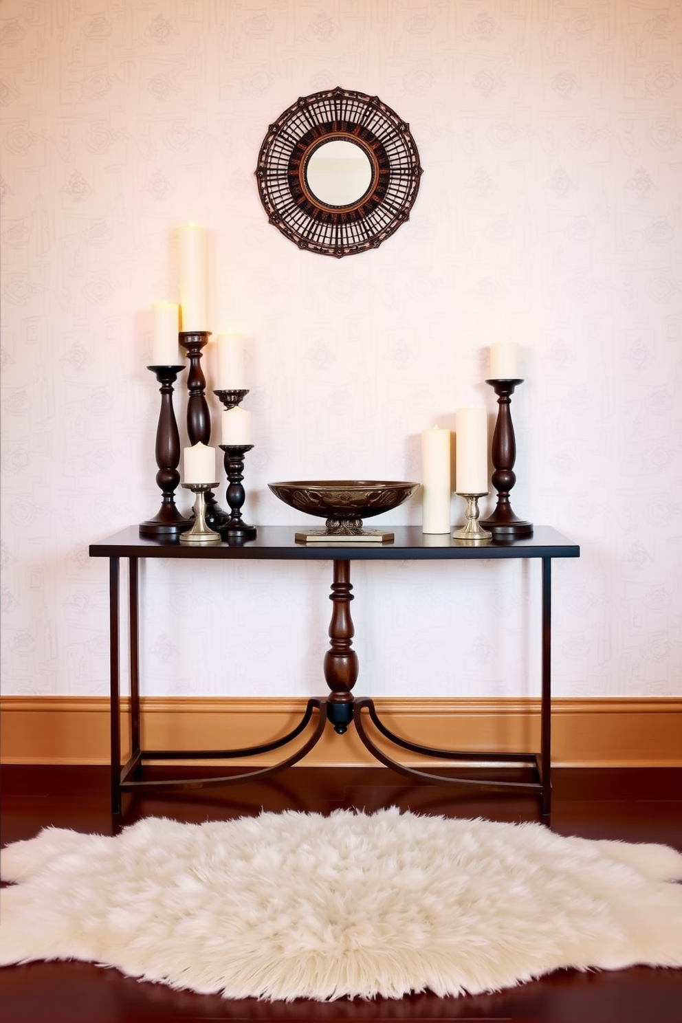 A warm and inviting entryway featuring a stylish table adorned with an array of candles in varying heights. The soft glow of the candles creates a cozy ambiance, while a decorative bowl sits at the center of the table, adding a touch of elegance. The table is complemented by a backdrop of a subtle wallpaper pattern that enhances the overall aesthetic. A plush area rug lies beneath, inviting guests to step into a beautifully designed space that feels both welcoming and sophisticated.