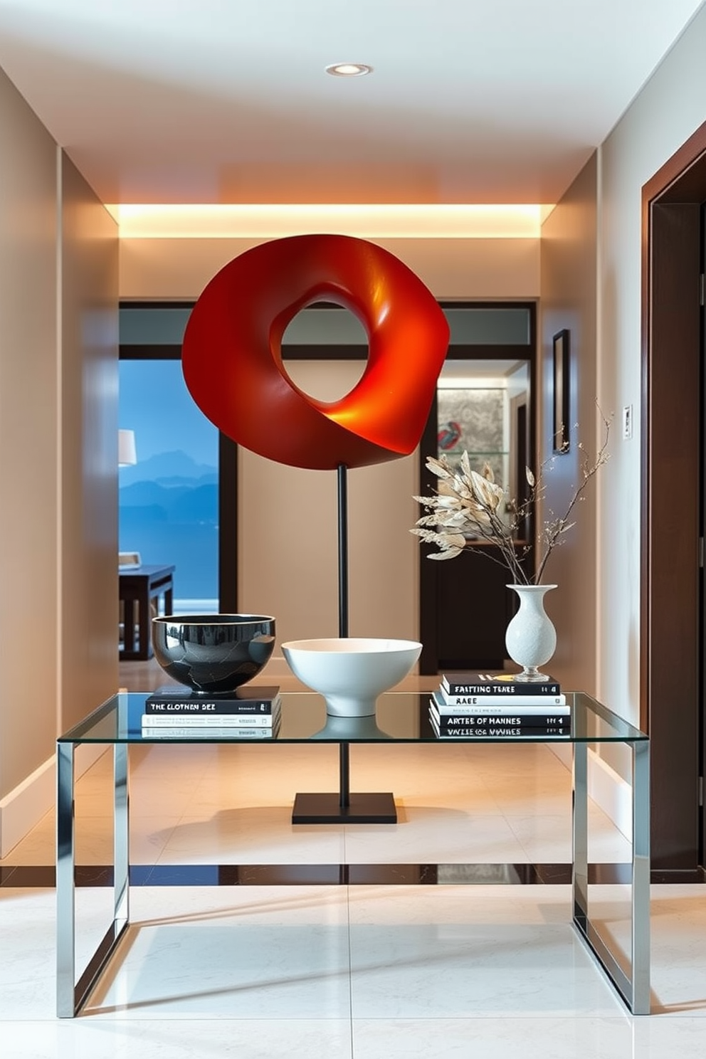 A striking statement piece sculpture stands prominently in the entryway, drawing immediate attention with its unique shape and bold colors. The surrounding area is elegantly styled with soft lighting that enhances the sculpture's features, creating a welcoming atmosphere. The entryway table is designed with a sleek, modern aesthetic, featuring a glass top and minimalist metal legs. Adorning the table are carefully curated decorative items, including a stylish bowl and a small stack of art books, adding personality to the space.