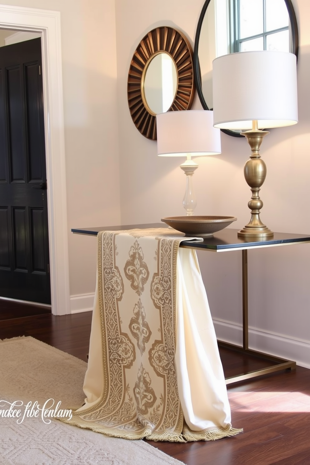 Elegant table runner with intricate patterns drapes over a sleek entryway table. The table is adorned with a stylish lamp and a decorative bowl, creating a warm and inviting atmosphere.