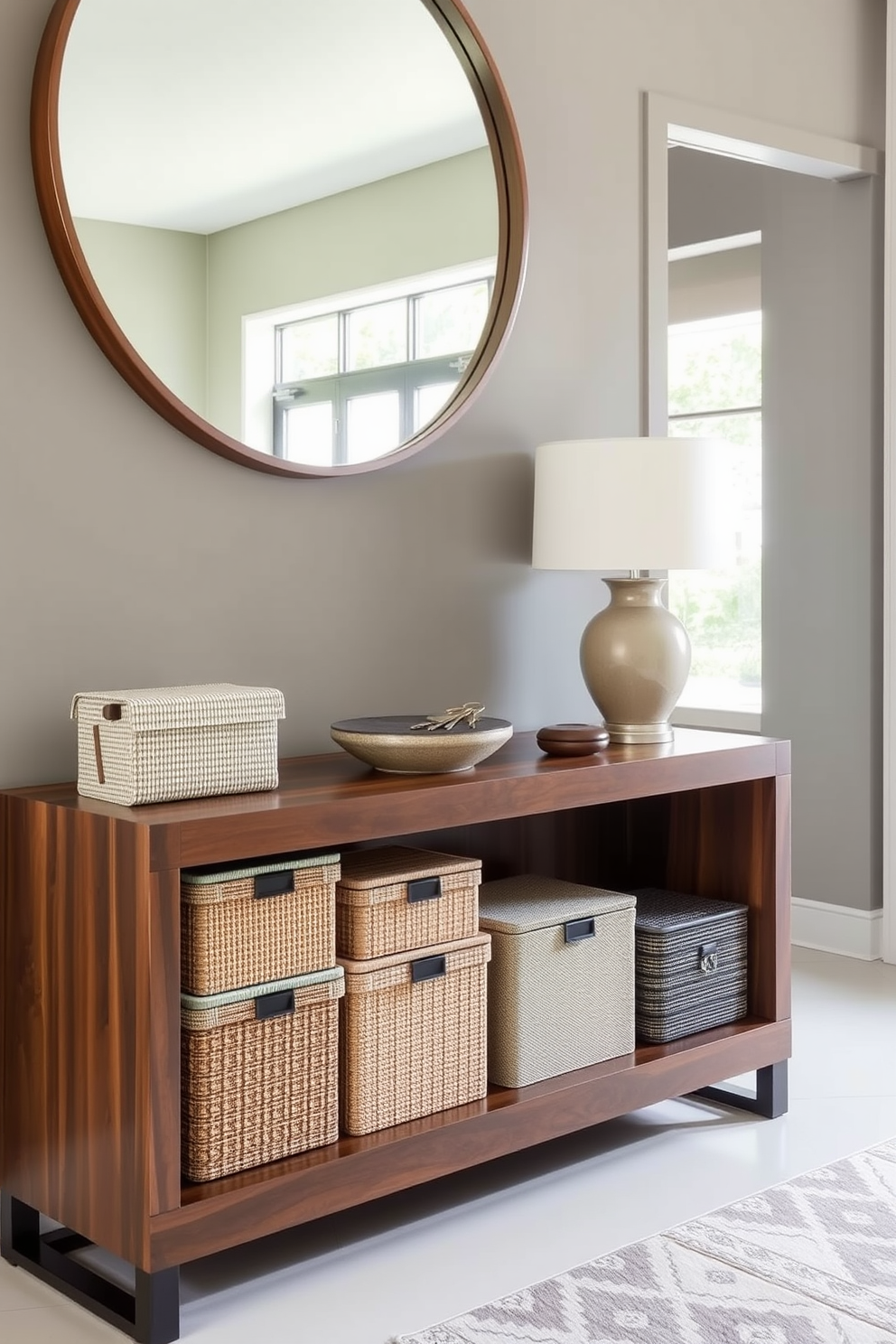 A welcoming entryway featuring a sleek console table in a rich walnut finish. Above the table, a large round mirror reflects natural light, enhancing the space's brightness. On the table, there are stylish storage boxes in various textures, such as woven fabric and leather, neatly arranged to keep essentials organized. A small decorative bowl holds keys and change, adding a personal touch to the functional design.