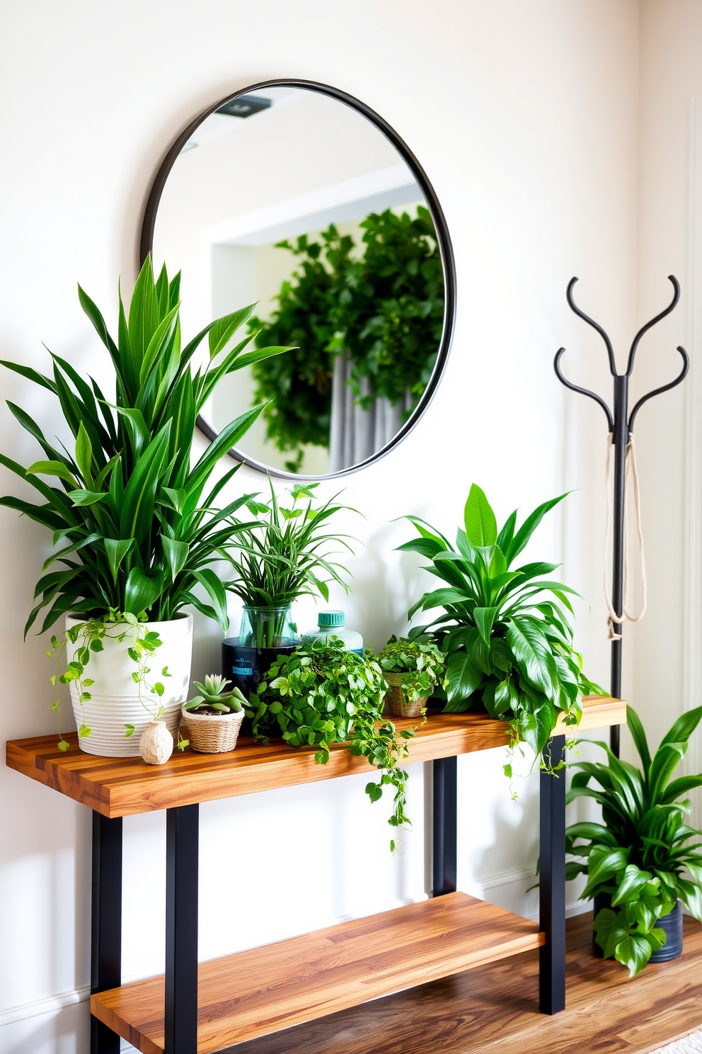 A welcoming entryway filled with lush greenery in varied planters creates a fresh and vibrant atmosphere. The planters are arranged on a sleek console table made of reclaimed wood, complementing the natural elements of the space. Above the table, a large round mirror reflects the greenery and enhances the sense of openness. To the side, a stylish coat rack in a matte black finish adds functionality while maintaining a modern aesthetic.