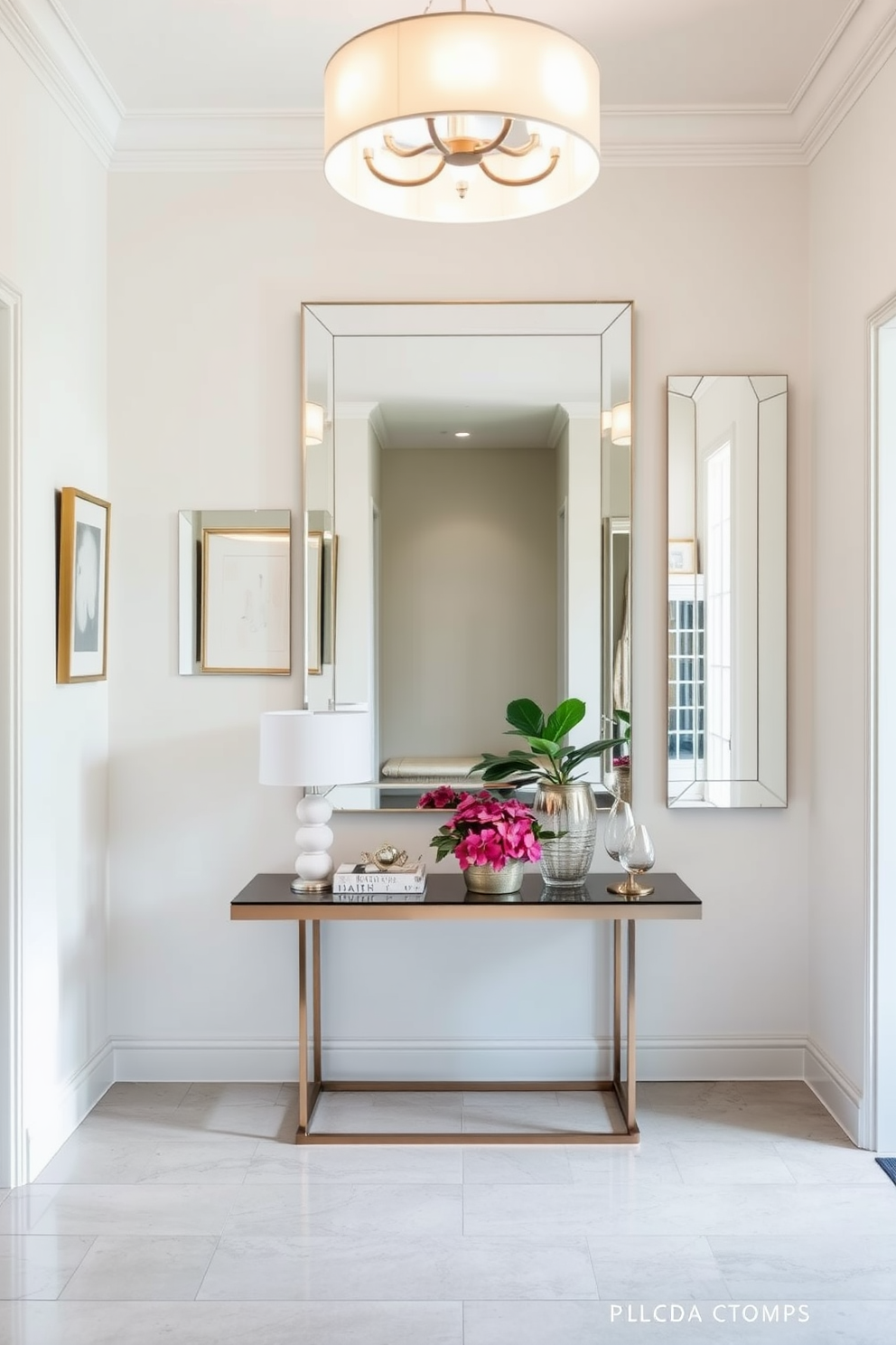 A stylish entryway featuring layered mirrors that reflect natural light and create a sense of depth. The focal point is a sleek console table adorned with decorative items and a vibrant potted plant. The walls are painted in a soft neutral tone, enhancing the brightness of the space. A statement light fixture hangs above, casting a warm glow over the entire entryway.