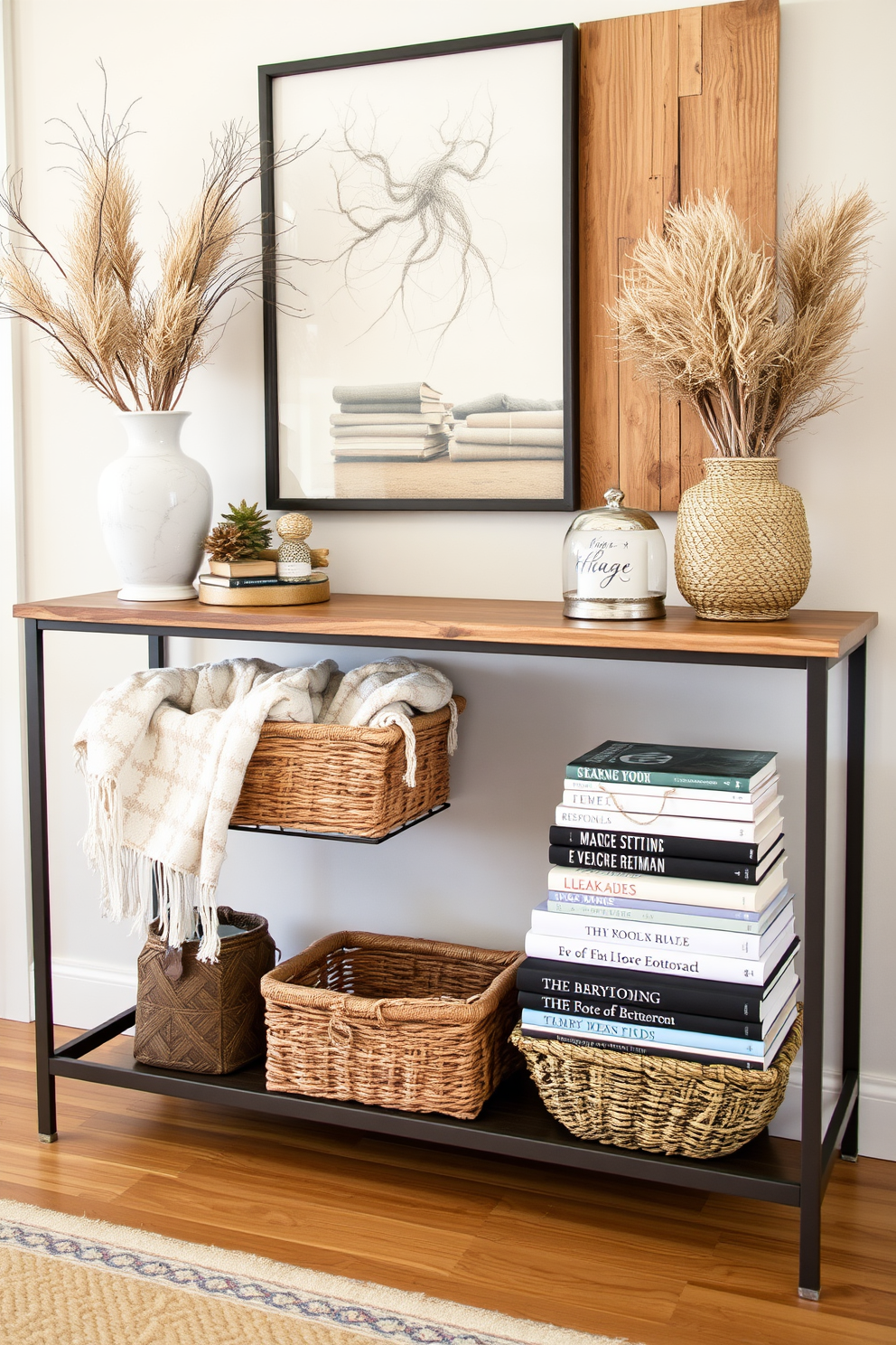 A stylish entryway table adorned with layered textures. The table features a mix of natural wood and metal elements, with decorative baskets filled with cozy throws and a stack of art books elegantly displayed.