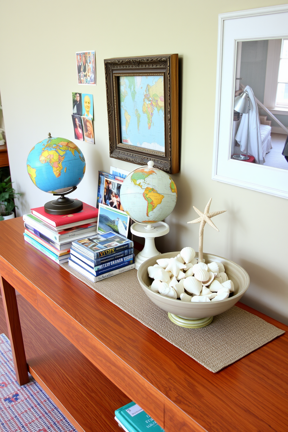 An entryway table adorned with an eclectic mix of travel souvenirs. Vintage postcards and small globes are artfully arranged alongside a stack of colorful travel books. The table features a sleek wooden surface with a warm finish, complemented by a stylish runner. A decorative bowl filled with seashells and a framed photo from a memorable trip add personal touches.