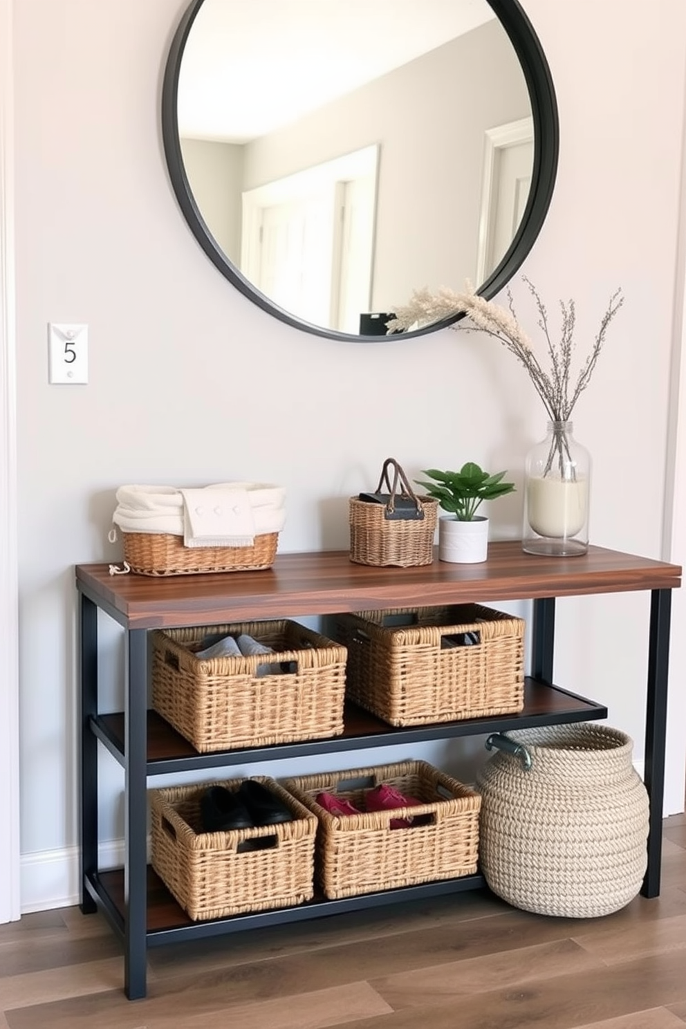 A stylish entryway featuring a sleek console table made of reclaimed wood. On the table, a collection of woven baskets adds texture and provides functional storage for shoes and accessories. Above the table, a large round mirror reflects natural light and enhances the sense of space. A small potted plant sits beside the baskets, bringing a touch of greenery to the entryway.