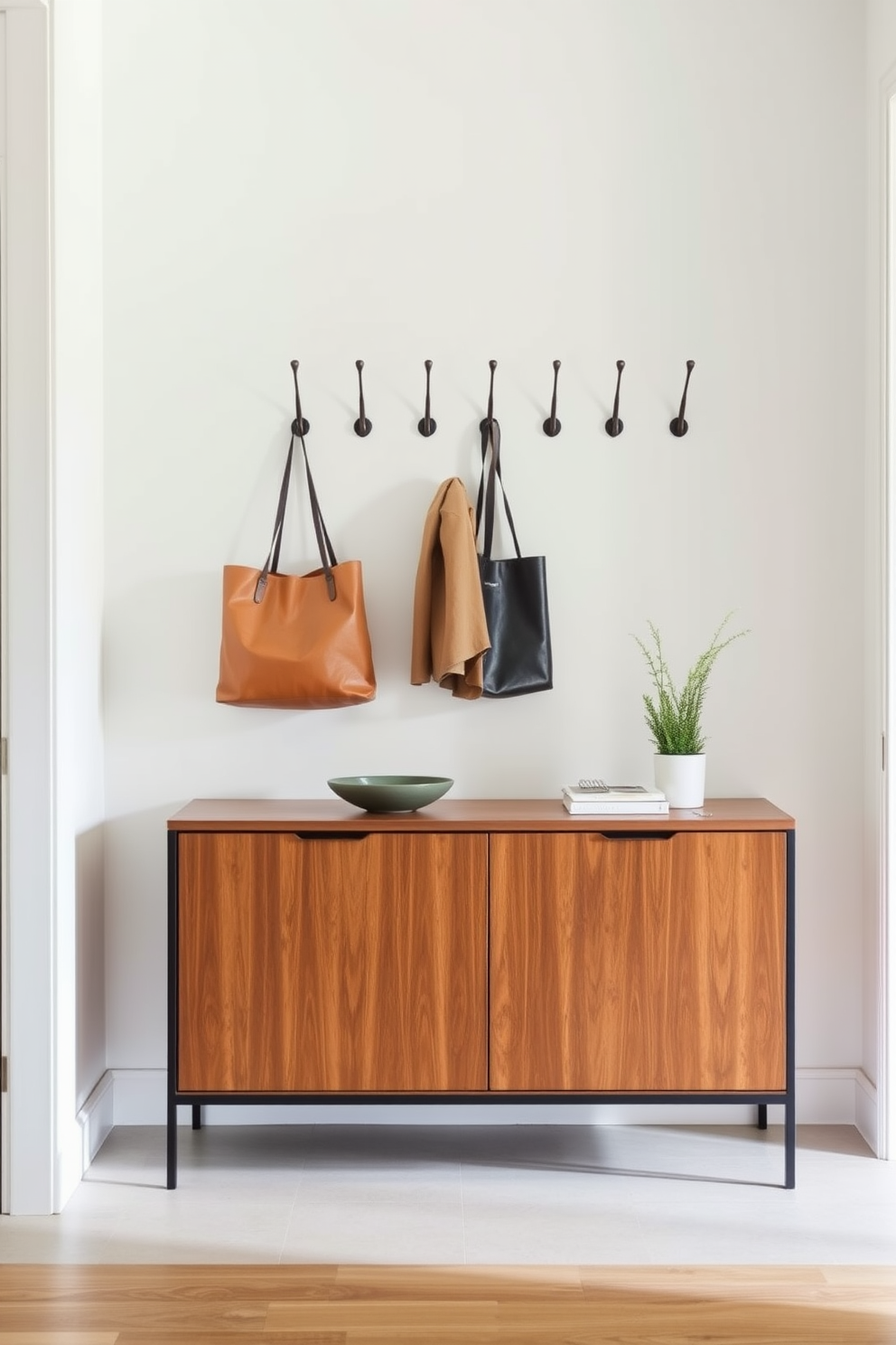 A sleek entryway features a minimalist console table with a smooth wood finish. Above the table, a collection of stylish hooks in varying heights is mounted on the wall, perfect for hanging coats and bags. The console table is adorned with a small potted plant and a decorative bowl for keys. The walls are painted in a soft neutral tone, creating a welcoming atmosphere that complements the functional design.