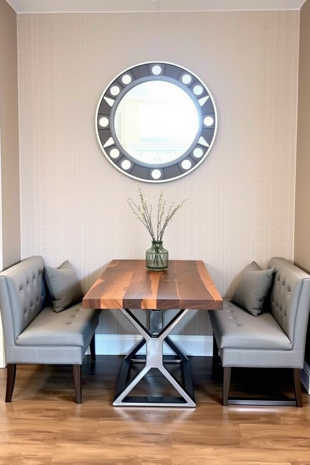 A welcoming entryway featuring a stylish table made of reclaimed wood with a sleek metal base. Flanking the table are two elegant benches upholstered in soft gray fabric, providing comfortable seating for guests. The walls are adorned with a subtle textured wallpaper in a warm beige tone, creating an inviting atmosphere. Above the table, a large round mirror with a decorative frame reflects natural light, enhancing the space's brightness.