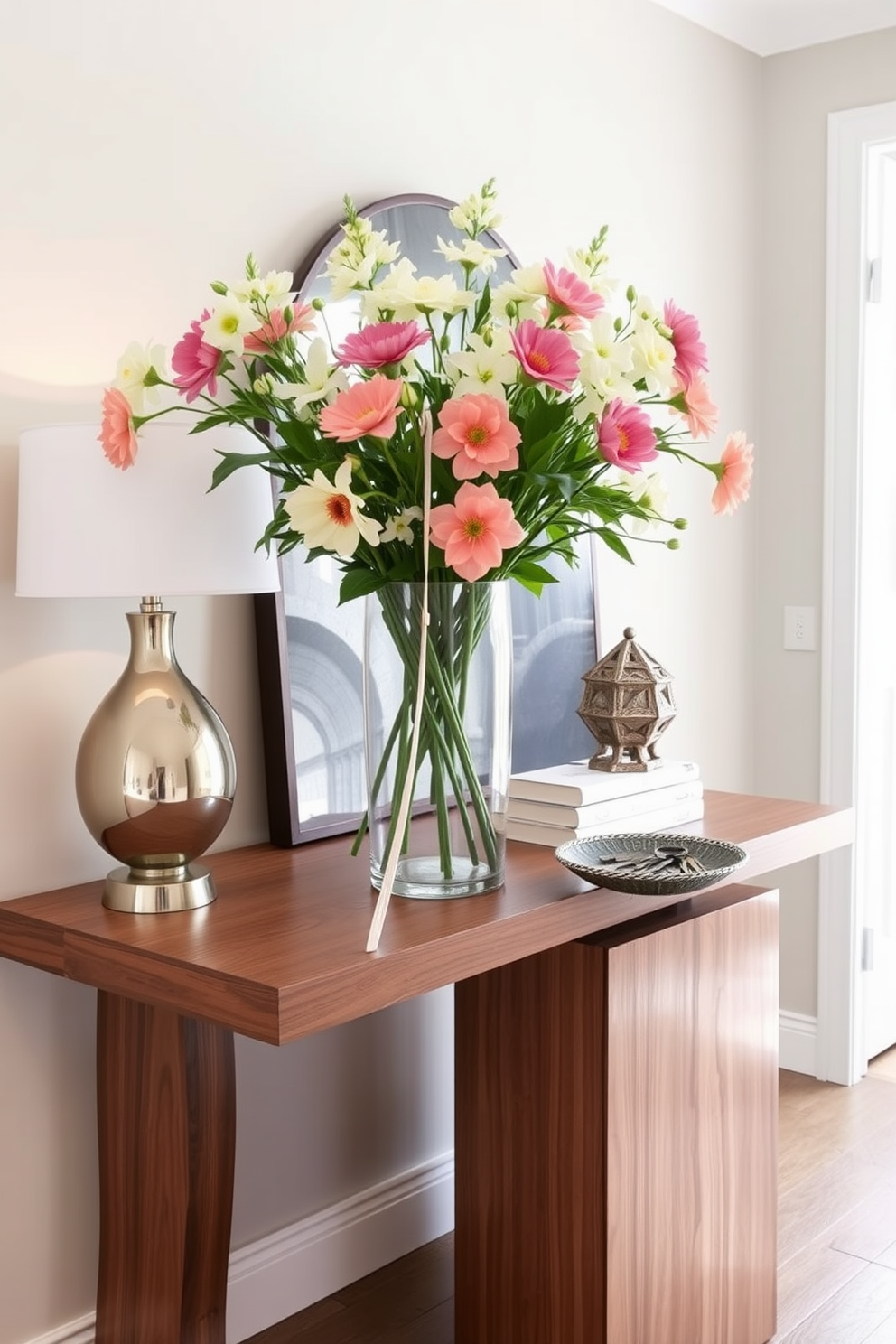 A stylish entryway table is adorned with a chic vase filled with fresh flowers. The table is made of sleek wood, complemented by a modern lamp and a decorative bowl for keys.