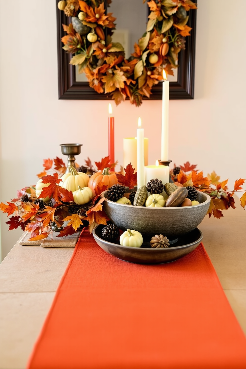 Seasonal decor for a personal touch. The entryway table is adorned with a mix of autumn leaves and small pumpkins, creating a warm and inviting atmosphere. A stylish runner in deep orange runs across the table, complemented by a few candles in varying heights. A decorative bowl filled with acorns and pinecones adds a rustic charm to the overall design.