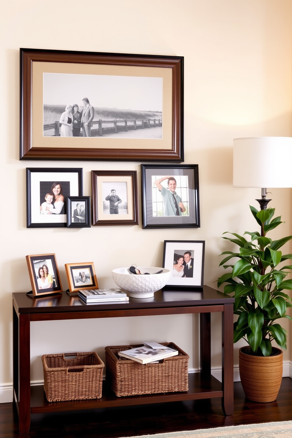 A welcoming entryway featuring a sleek console table made of dark wood. The table is adorned with family photos in stylish frames, showcasing cherished memories and adding a personal touch to the space. On the table, a decorative bowl holds keys and small items, while a tall, elegant lamp provides soft lighting. A vibrant potted plant sits beside the table, bringing life and color to the entryway.