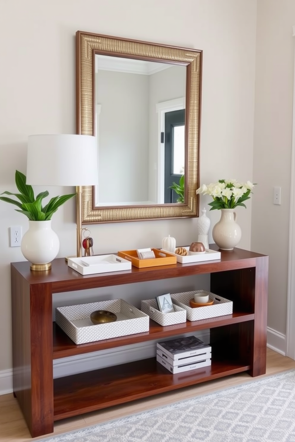 A stylish entryway table adorned with decorative trays for organization. The table features a sleek design with a rich wood finish, topped with a collection of textured trays in varying sizes to hold keys, mail, and small decorative items. The backdrop includes a soft, neutral wall color that complements the table's elegance. A statement mirror hangs above, reflecting natural light and enhancing the welcoming atmosphere of the entryway.