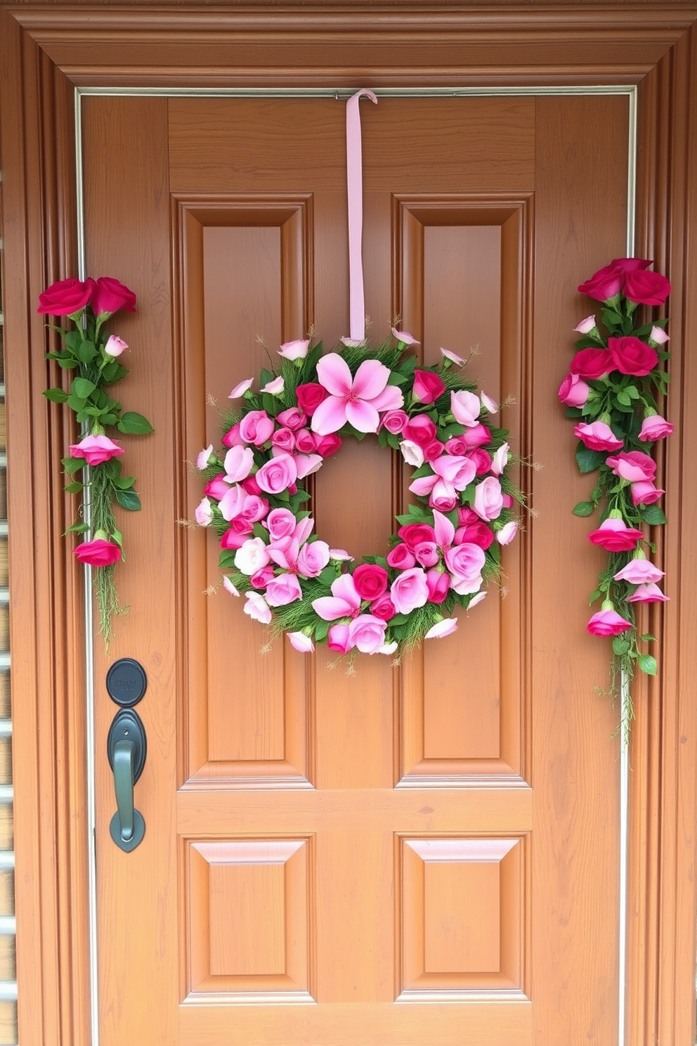 A charming entryway adorned for Valentine's Day features a vibrant wreath made of pink flowers. The wreath is hung on a classic wooden door, inviting warmth and romance into the space.