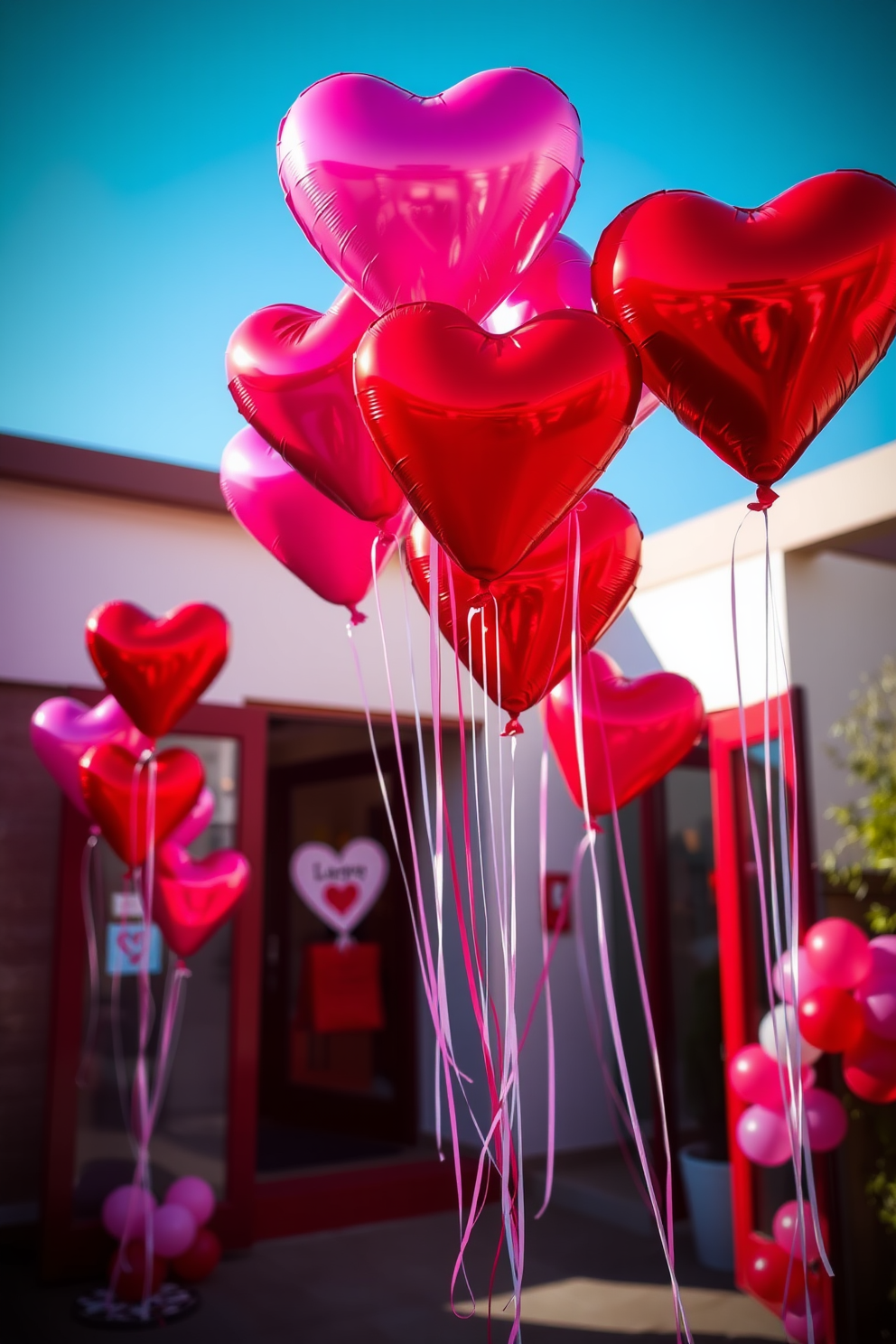 Heart-shaped balloons float gracefully near the entrance, creating a warm and inviting atmosphere. The vibrant red and pink colors add a festive touch, perfect for celebrating Valentine's Day.