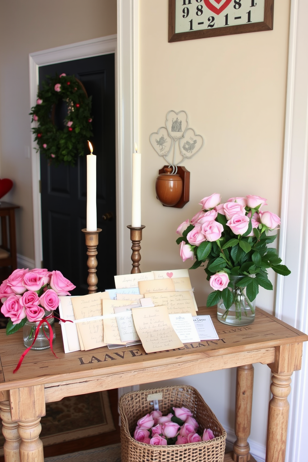 A charming entryway adorned for Valentine's Day. A rustic wooden table holds a collection of vintage love letters, beautifully arranged alongside fragrant candles and a bouquet of fresh roses.