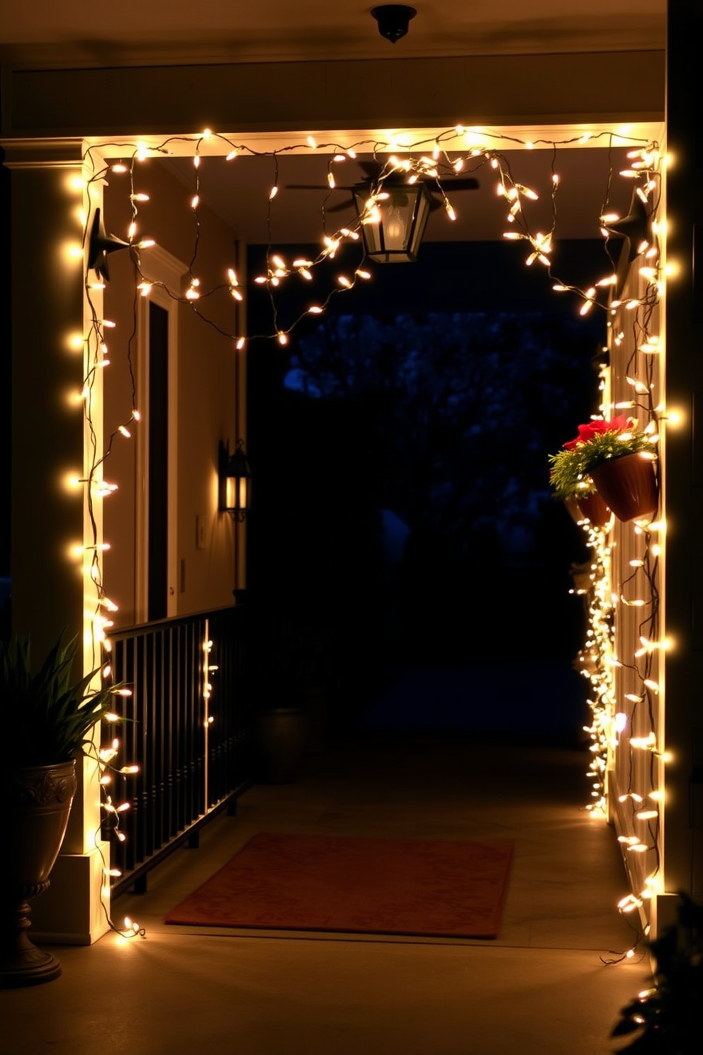 A charming entryway adorned with romantic fairy lights draped gracefully along the railing. Soft, warm illumination creates an inviting atmosphere, perfect for Valentine's Day celebrations.