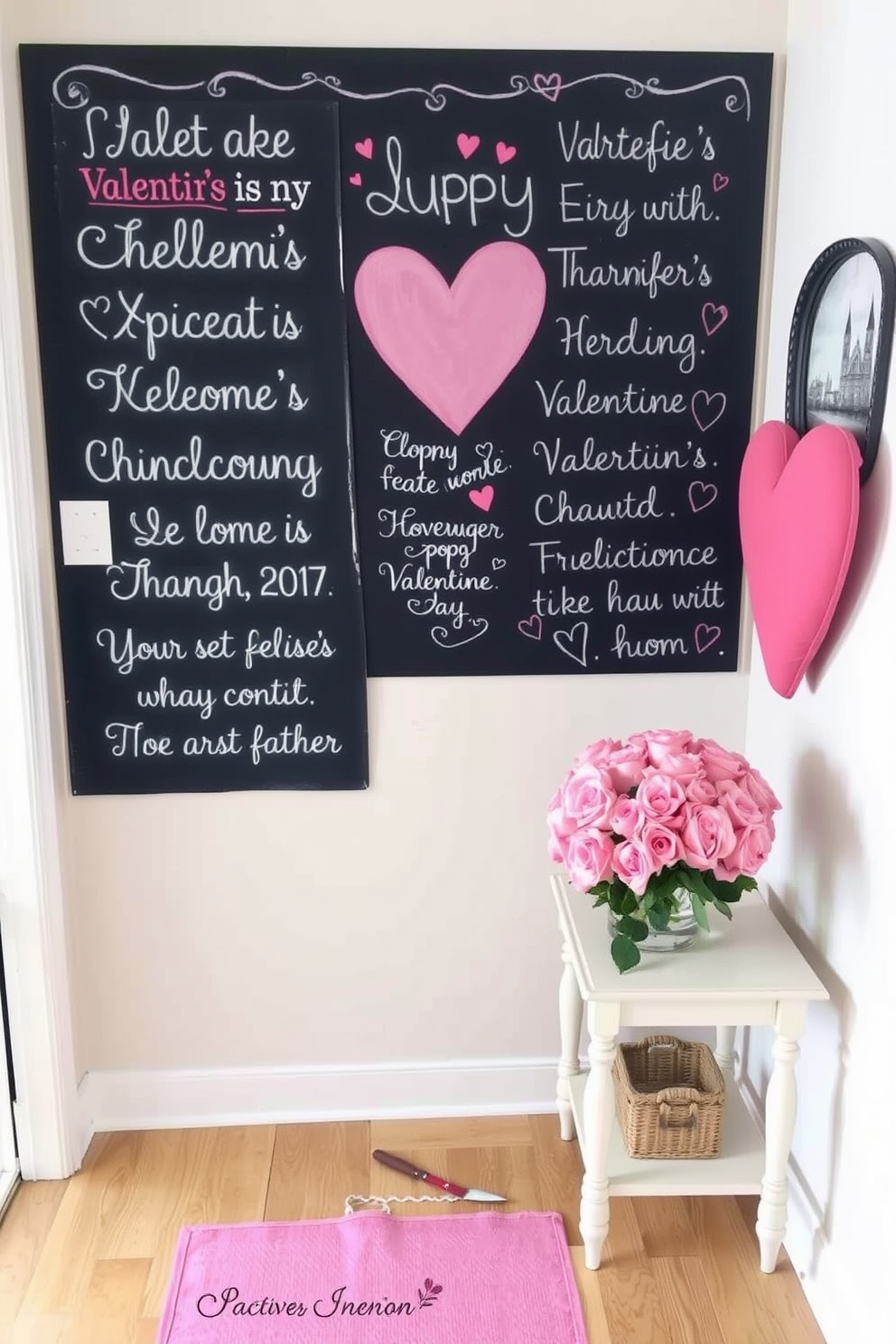 A charming entryway adorned with a large chalkboard displaying heartfelt Valentine's Day messages. The floor is covered with a soft pink runner, and a bouquet of fresh roses sits in a vase on a small console table nearby.